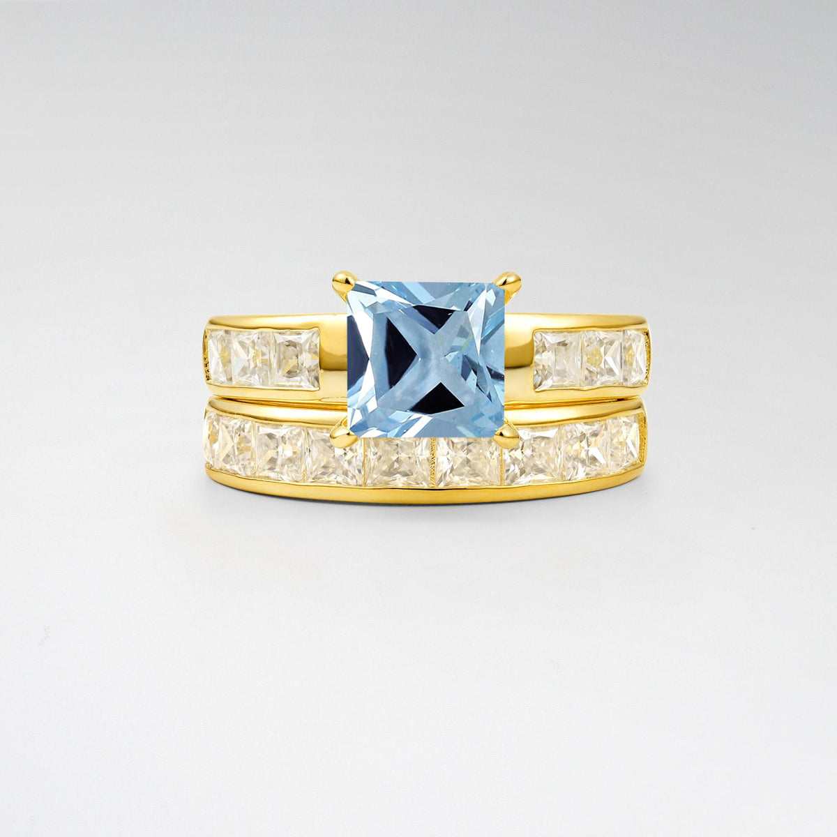 Classic Square Cut Aquamarine Matching Rings - Yellow-Gold