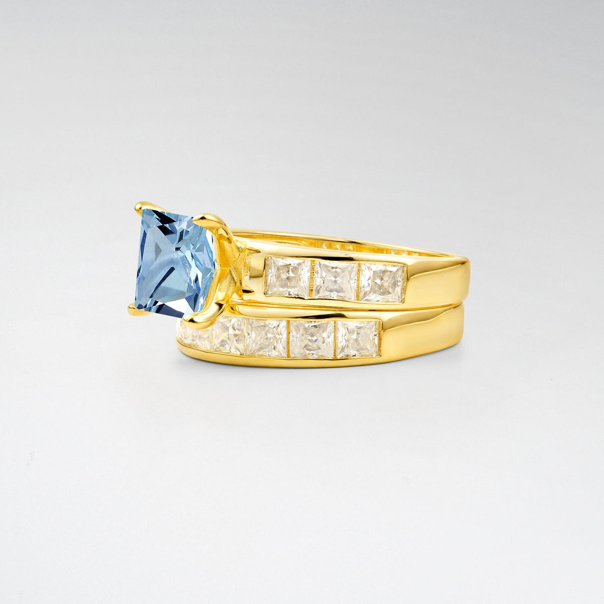 Classic Square Cut Aquamarine Matching Rings - Rose-Gold