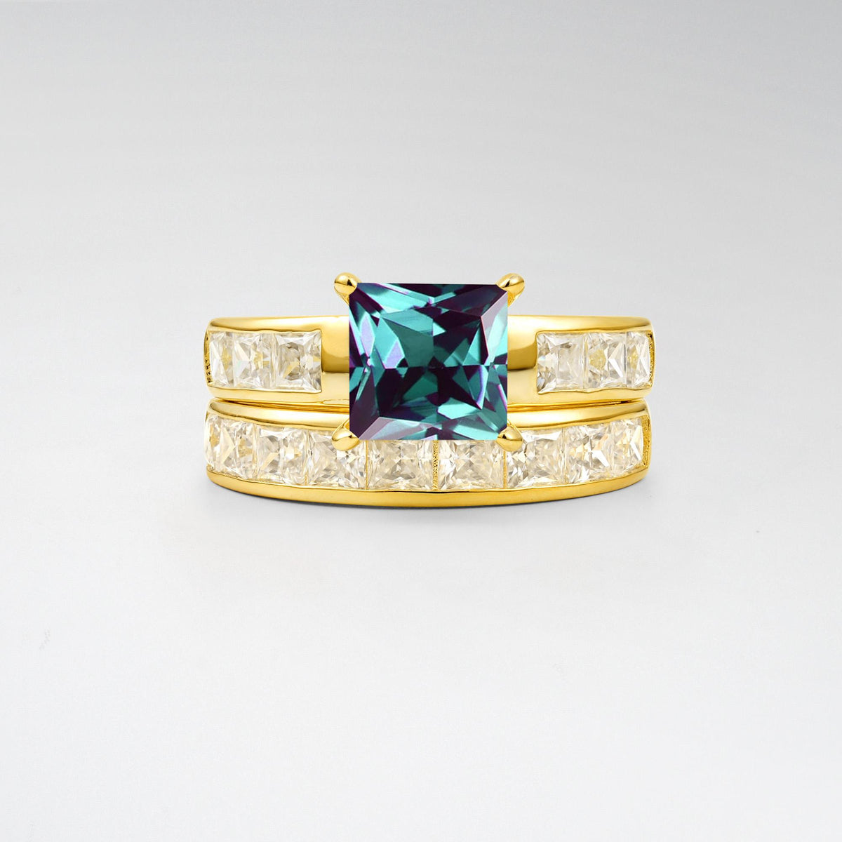 Classic Square Cut Alexandrite Matching Rings - Yellow-Gold