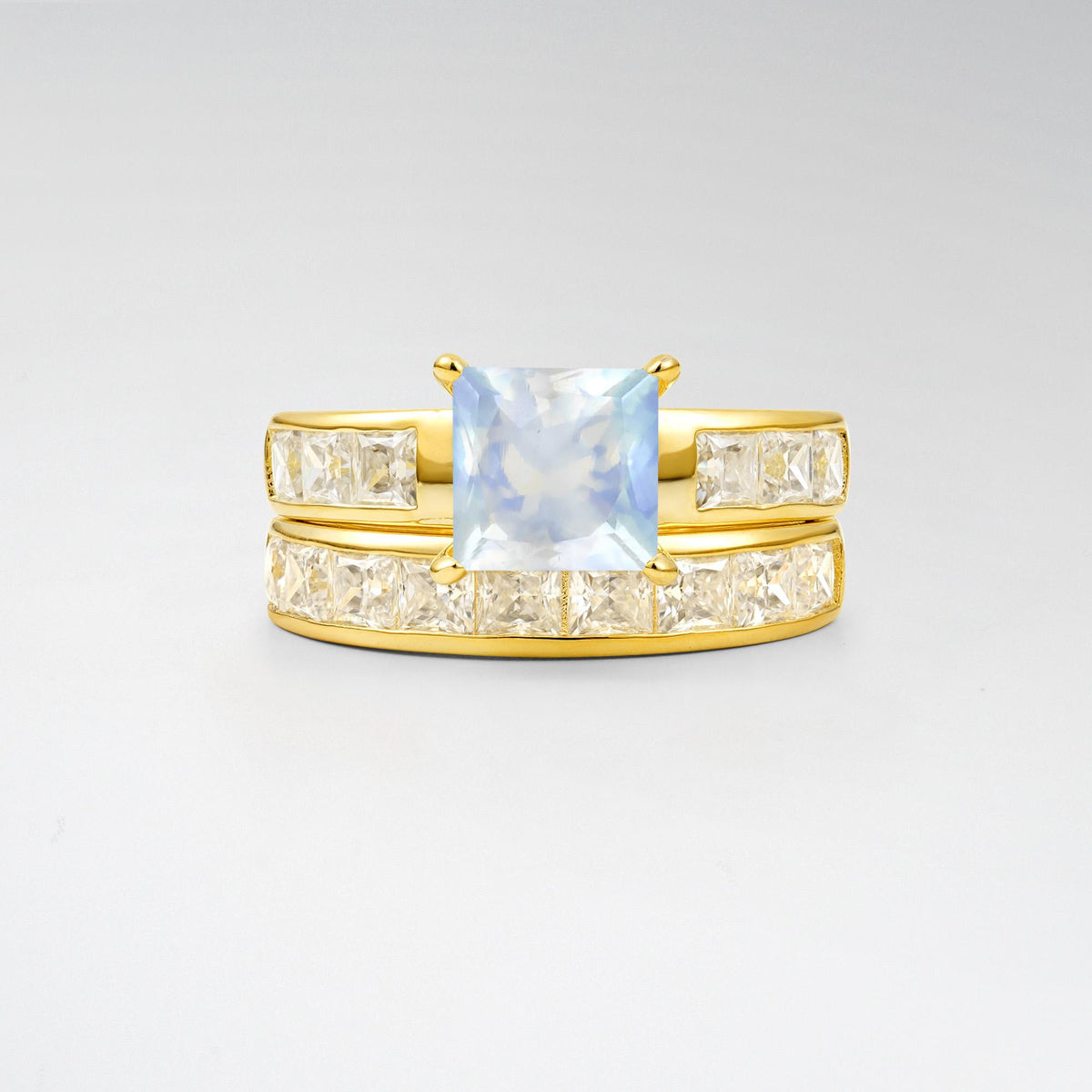 Classic Square Cut Moonstone Matching Rings - Yellow-Gold