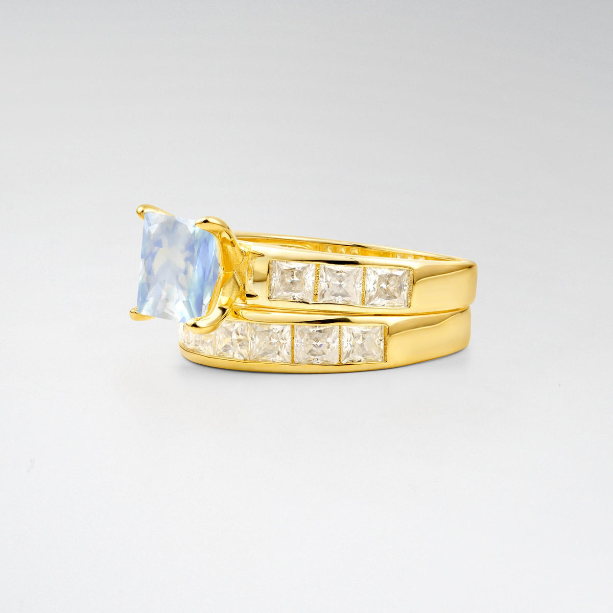 Classic Square Cut Moonstone Matching Rings - Rose-Gold