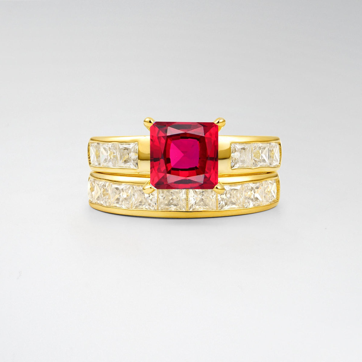 Classic Square Cut Ruby Matching Rings - Yellow-Gold