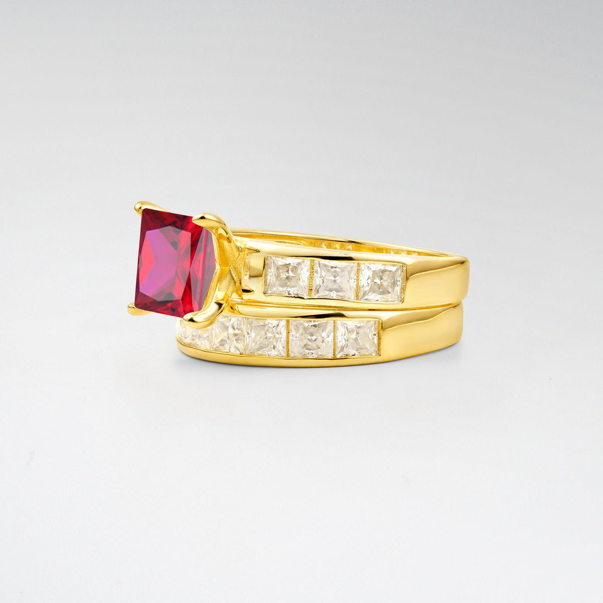 Classic Square Cut Ruby Matching Rings - Rose-Gold