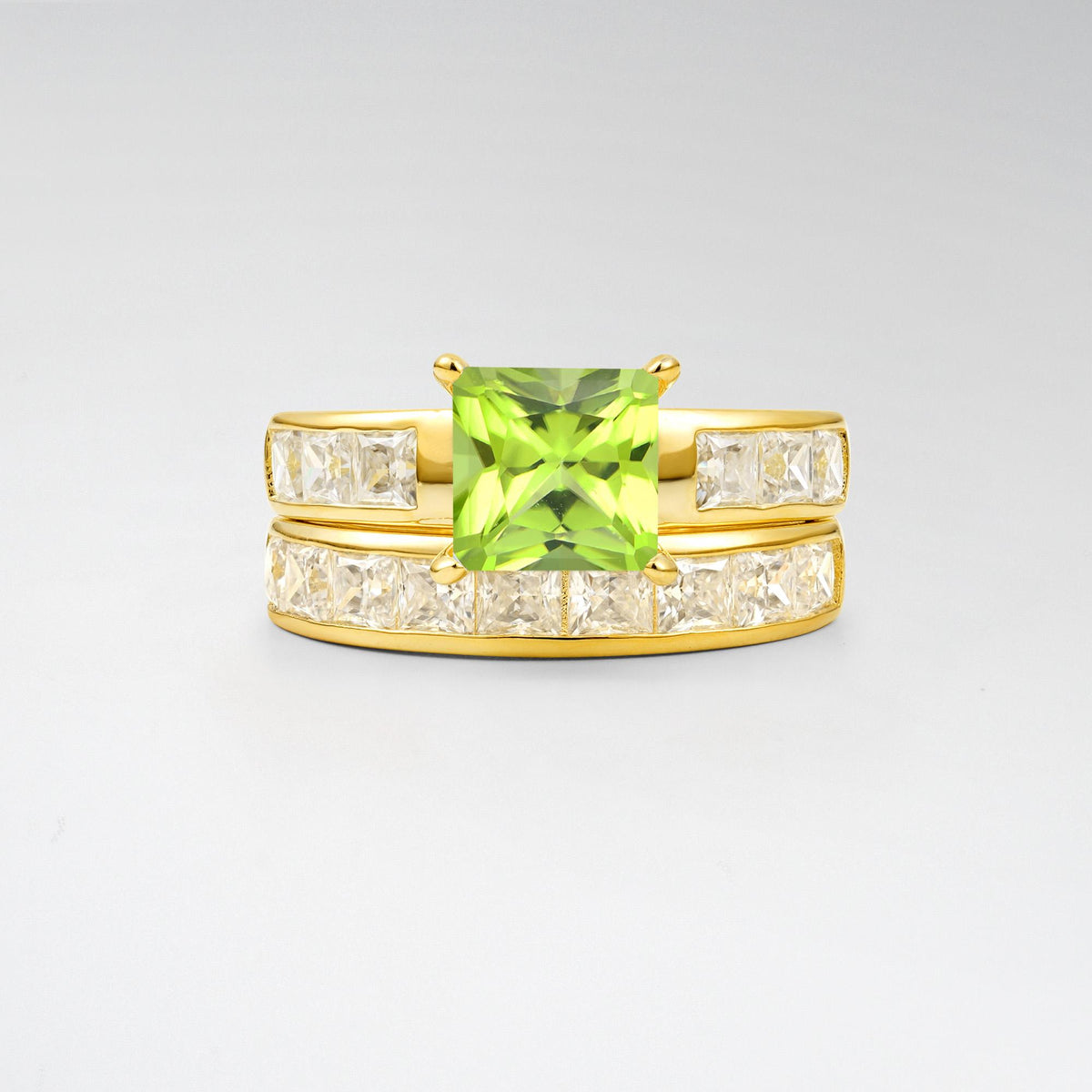 Classic Square Cut Peridot Matching Rings - Yellow-Gold