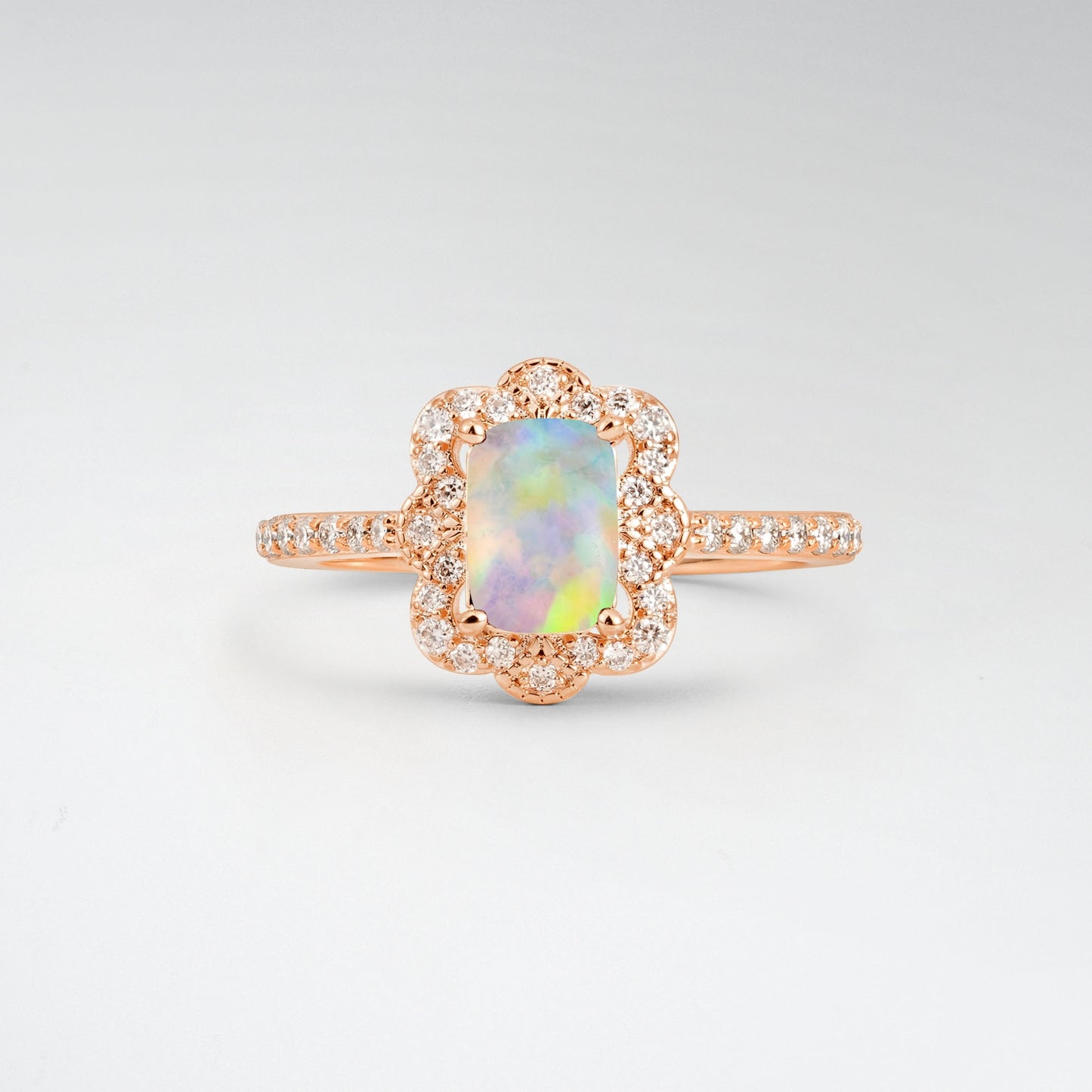 Vintage Emerald Cut Opal 1.5CT Scalloped Floral Halo Engagement Ring - Additional view