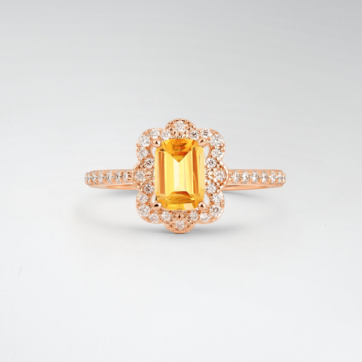 Vintage Emerald Cut Citrine 1.5CT Scalloped Floral Halo Engagement Ring - Additional view