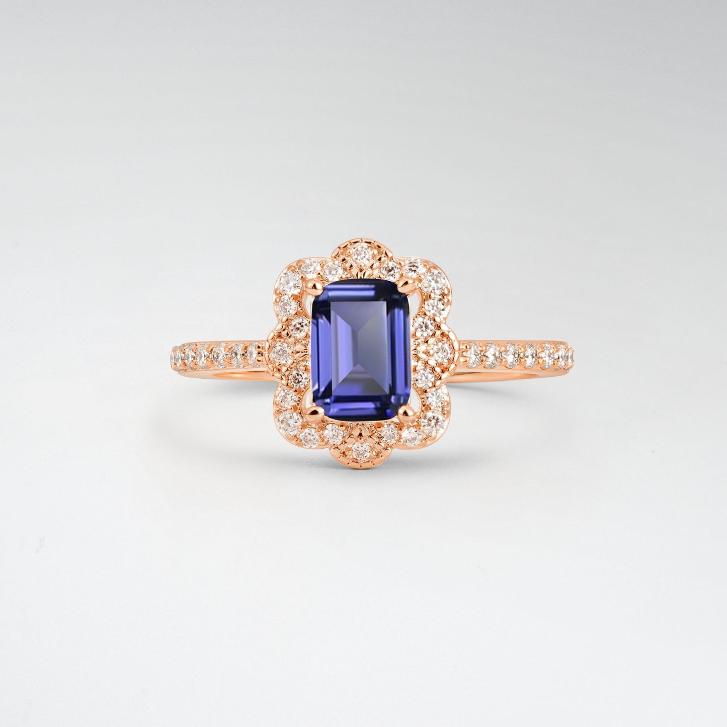 Vintage Emerald Cut Tanzanite 1.5CT Scalloped Floral Halo Engagement Ring - Additional view