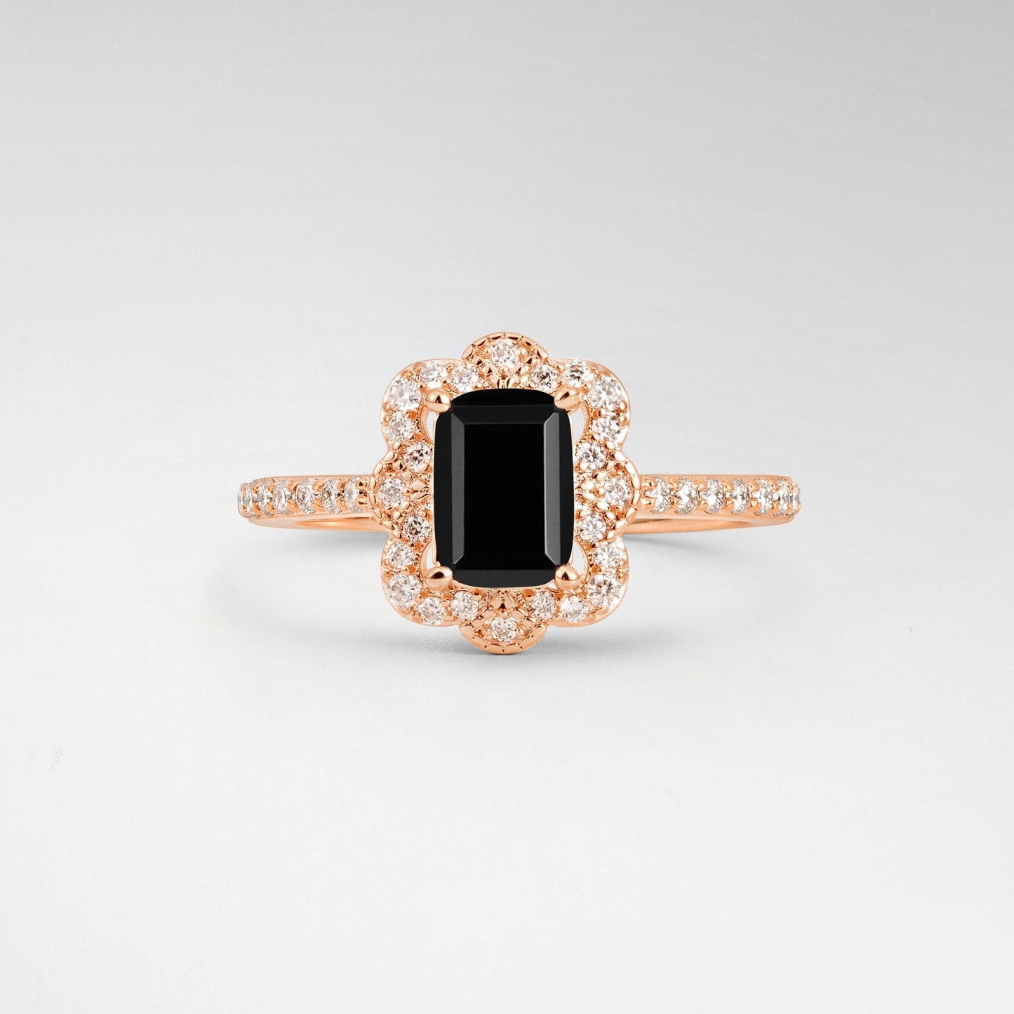 Vintage Emerald Cut Black Onyx 1.5CT Scalloped Floral Halo Engagement Ring - Additional view