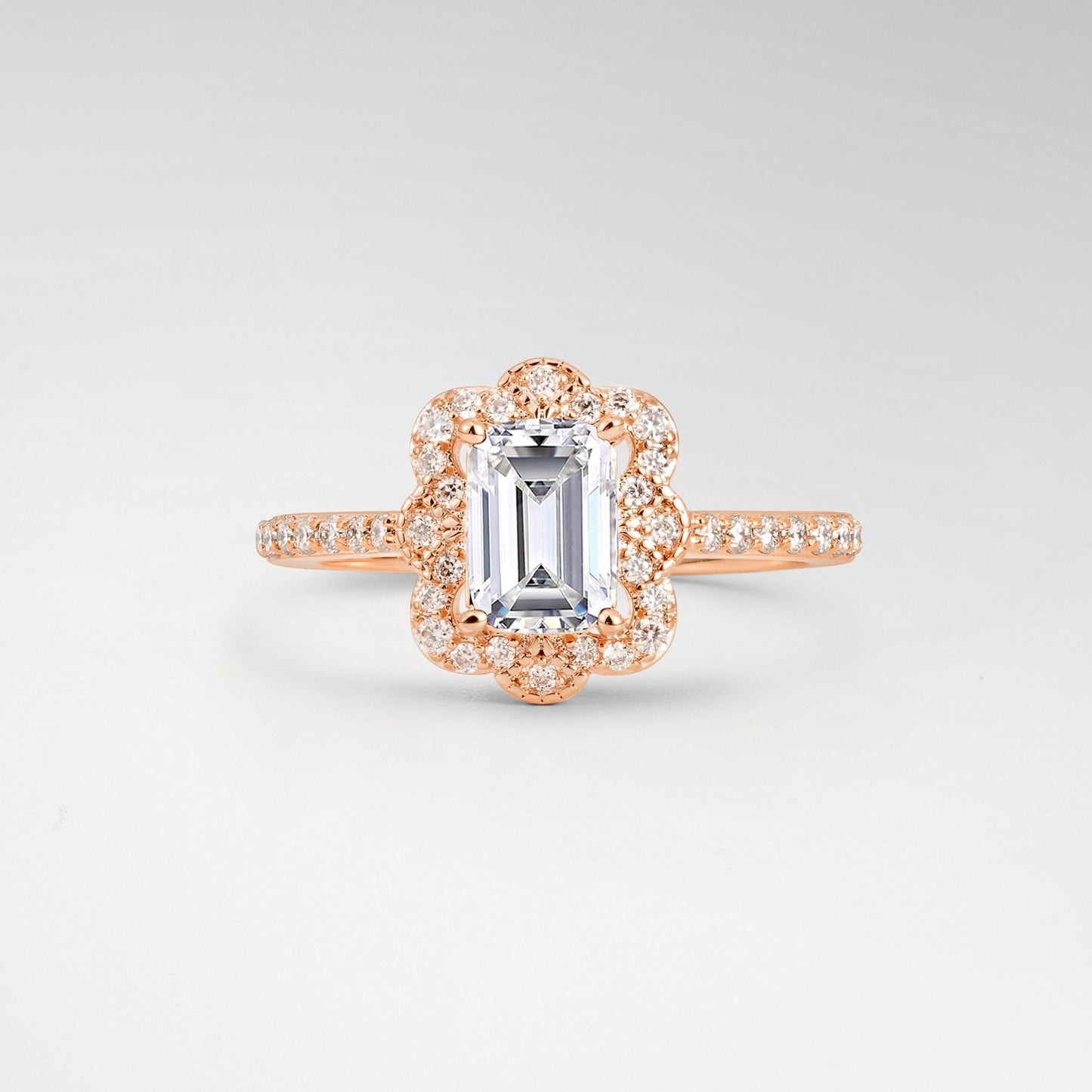 Vintage Emerald Cut Lab Diamond 1.5CT Scalloped Floral Halo Engagement Ring - Additional view
