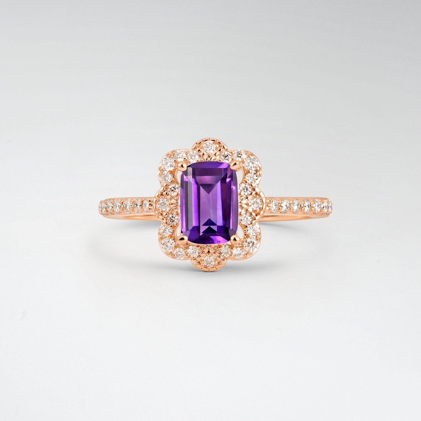Vintage Emerald Cut Amethyst 1.5CT Scalloped Floral Halo Engagement Ring - Additional view