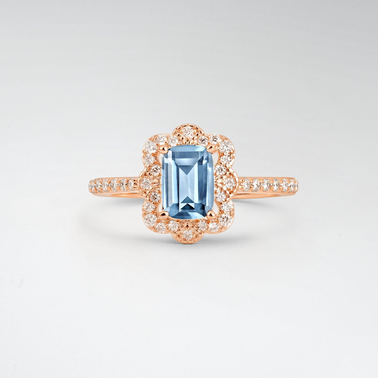 Vintage Emerald Cut Aquamarine 1.5CT Scalloped Floral Halo Engagement Ring - Additional view