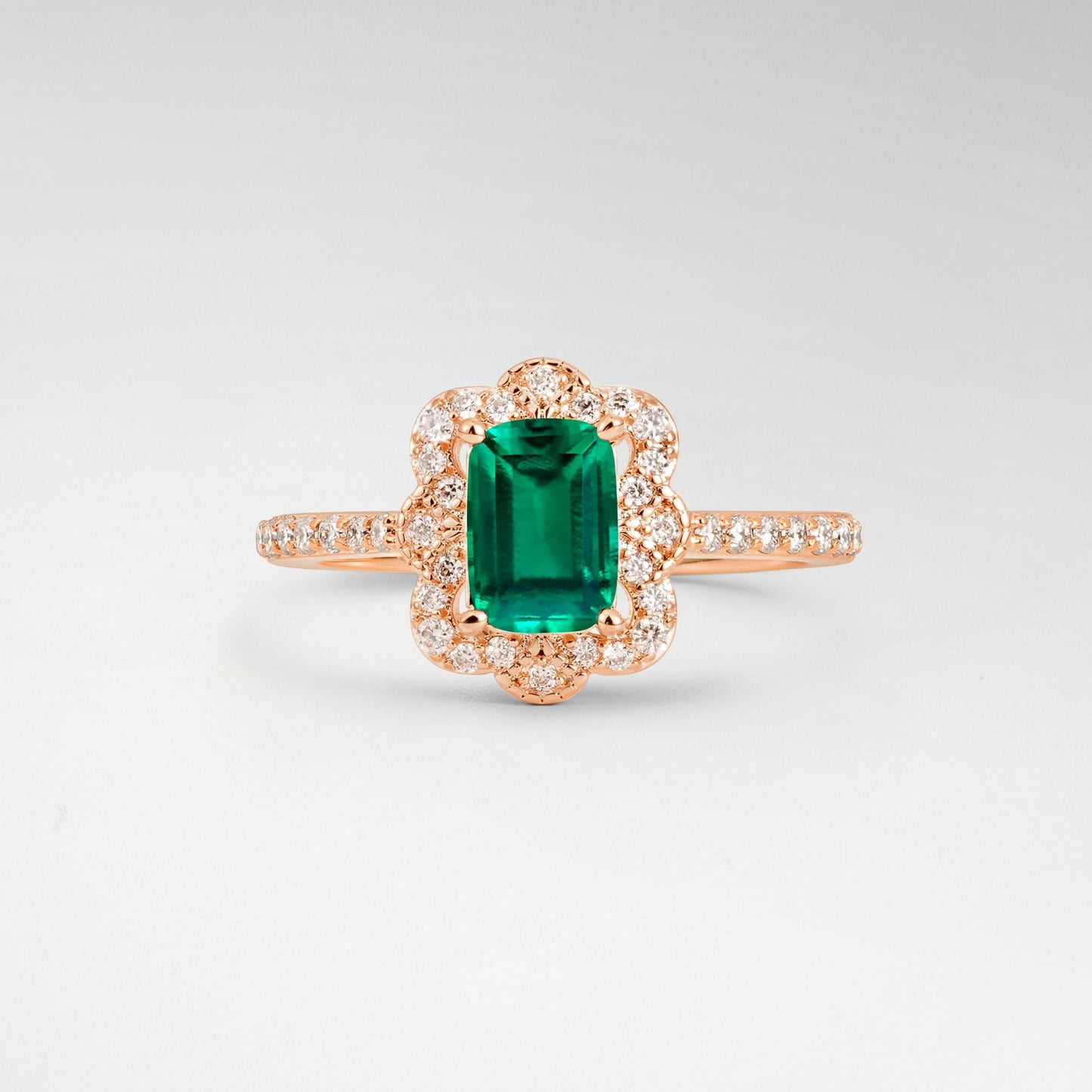 Vintage Emerald Cut Emerald 1.5CT Scalloped Floral Halo Engagement Ring - Additional view