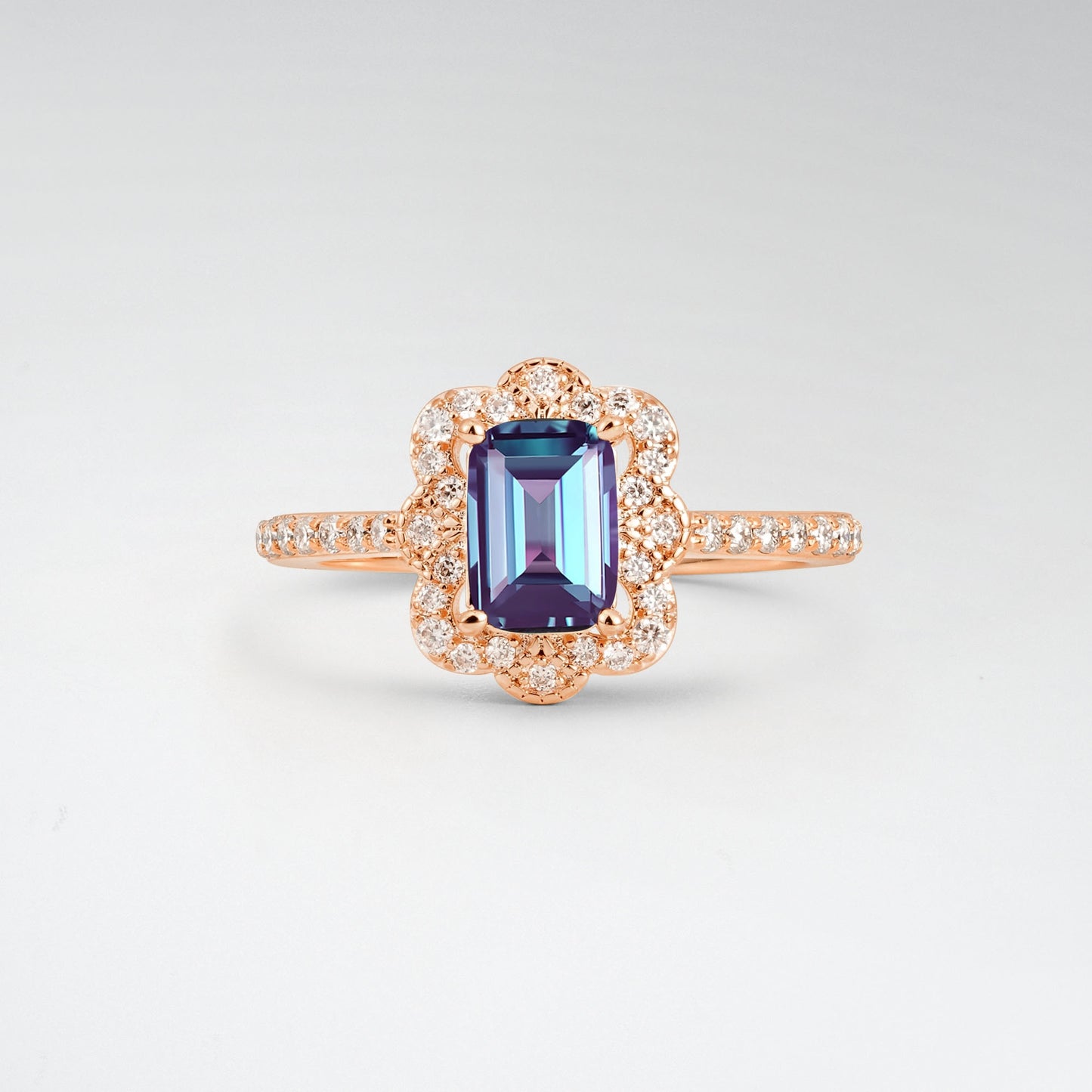 Vintage Emerald Cut Alexandrite 1.5CT Scalloped Floral Halo Engagement Ring - Additional view