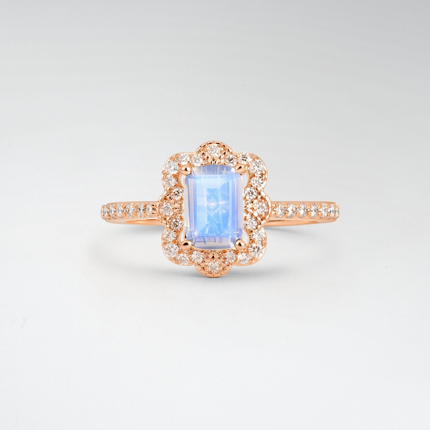 Vintage Emerald Cut Moonstone 1.5CT Scalloped Floral Halo Engagement Ring - Additional view
