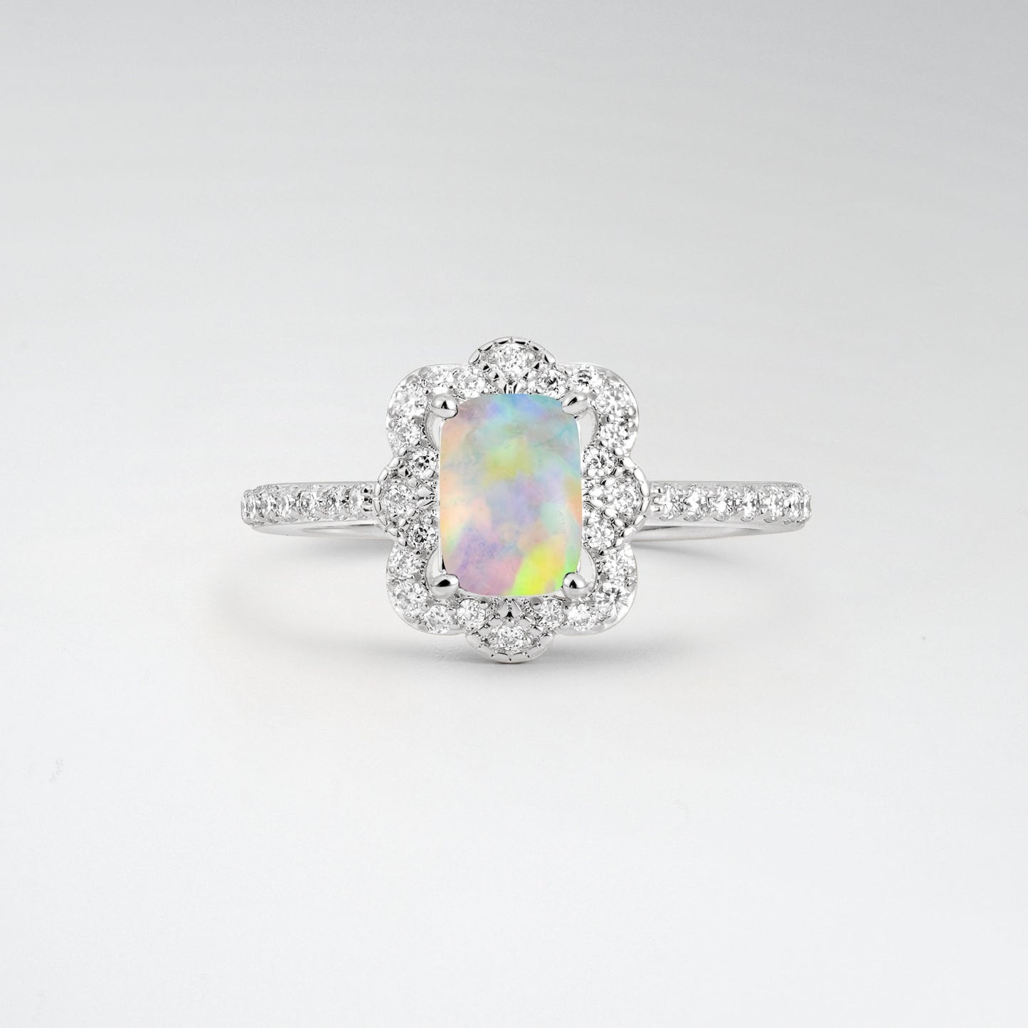 Vintage Emerald Cut Opal 1.5CT Scalloped Floral Halo Engagement Ring - Additional view