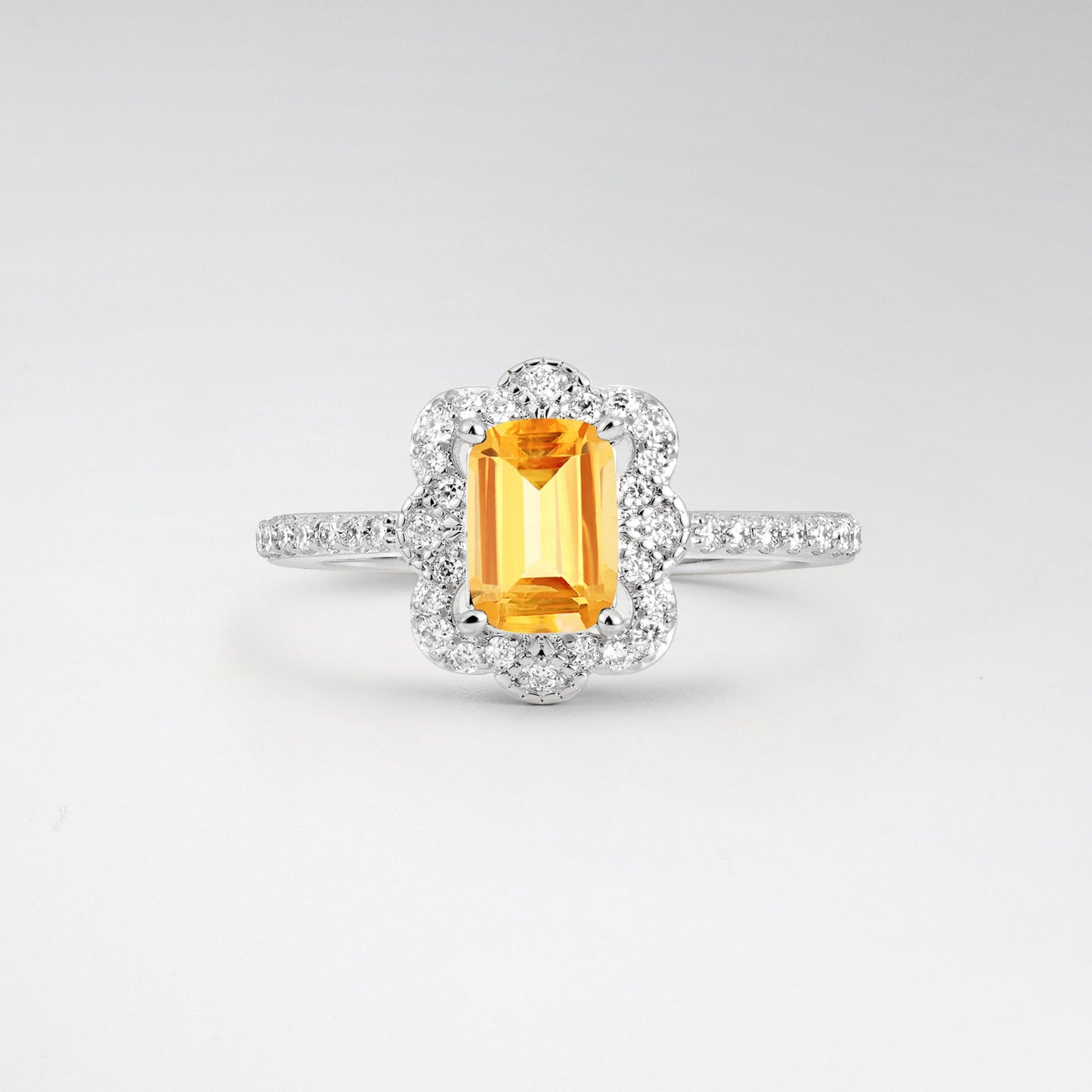 Vintage Emerald Cut Citrine 1.5CT Scalloped Floral Halo Engagement Ring - Additional view