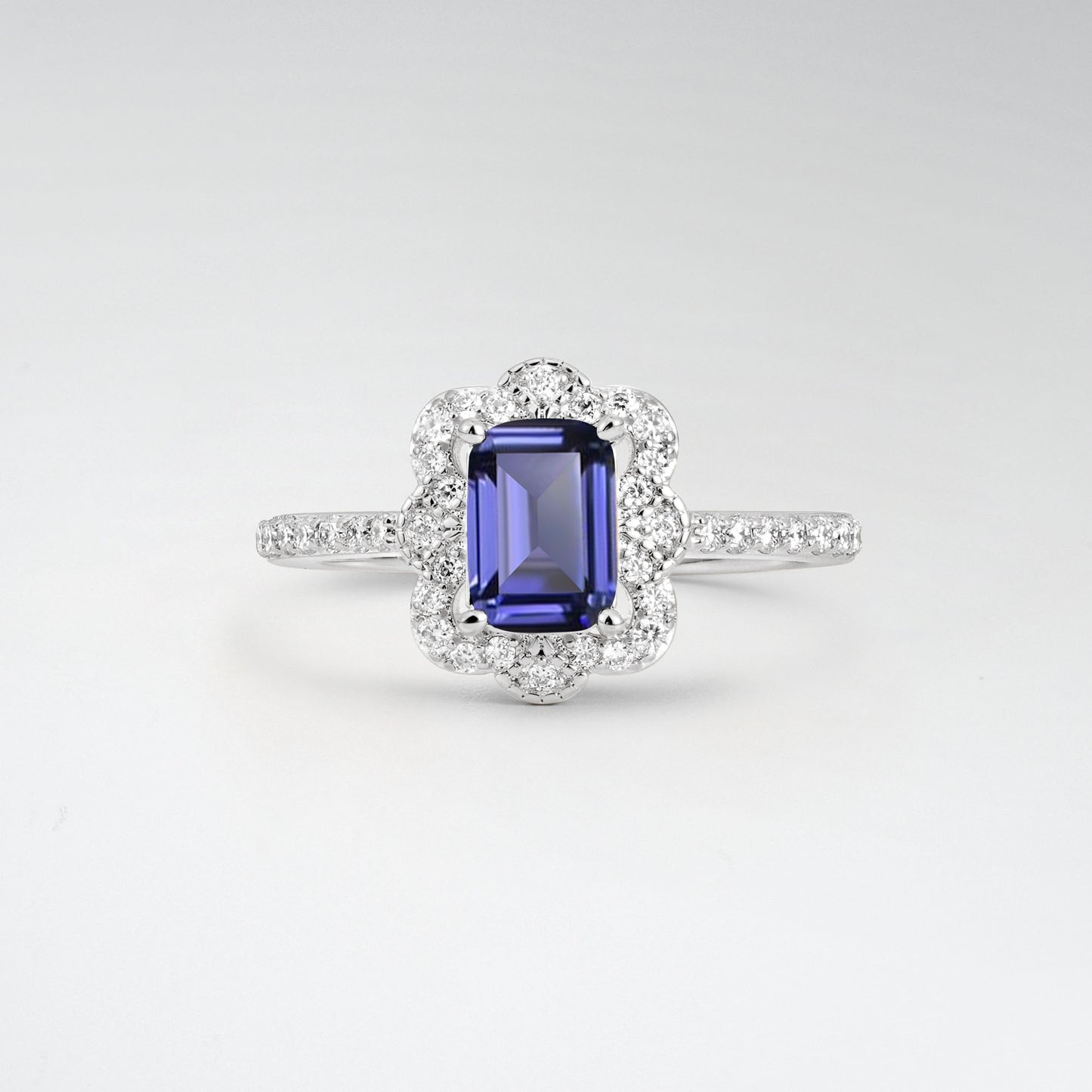 Vintage Emerald Cut Tanzanite 1.5CT Scalloped Floral Halo Engagement Ring - Additional view