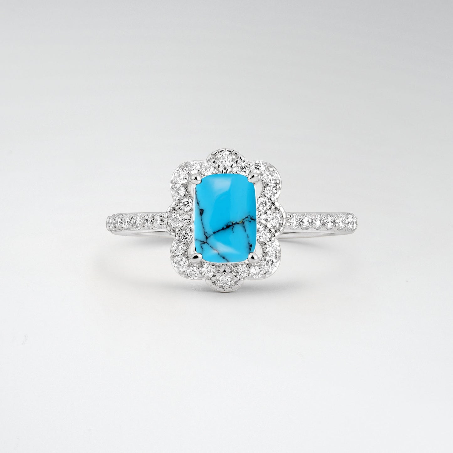 Vintage Emerald Cut Turquoise 1.5CT Scalloped Floral Halo Engagement Ring - Additional view