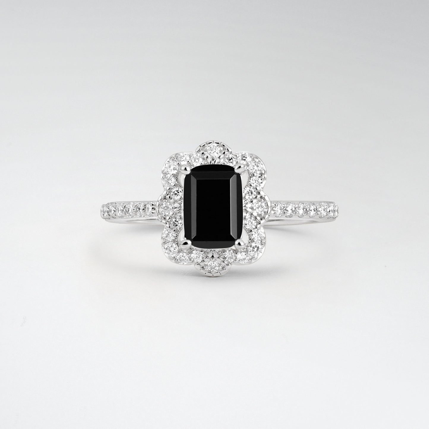 Vintage Emerald Cut Black Onyx 1.5CT Scalloped Floral Halo Engagement Ring - Additional view