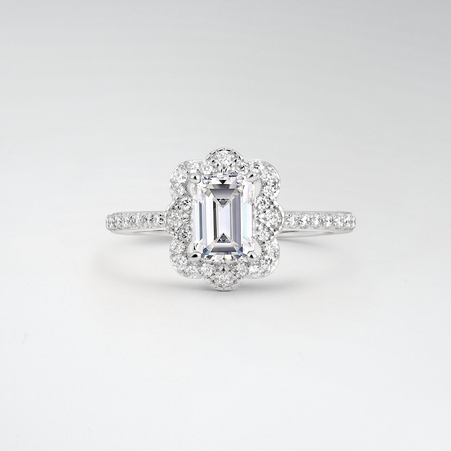 Vintage Emerald Cut Lab Diamond 1.5CT Scalloped Floral Halo Engagement Ring - Additional view