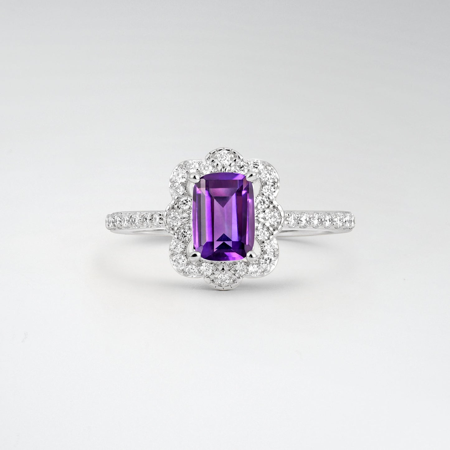 Vintage Emerald Cut Amethyst 1.5CT Scalloped Floral Halo Engagement Ring - Additional view