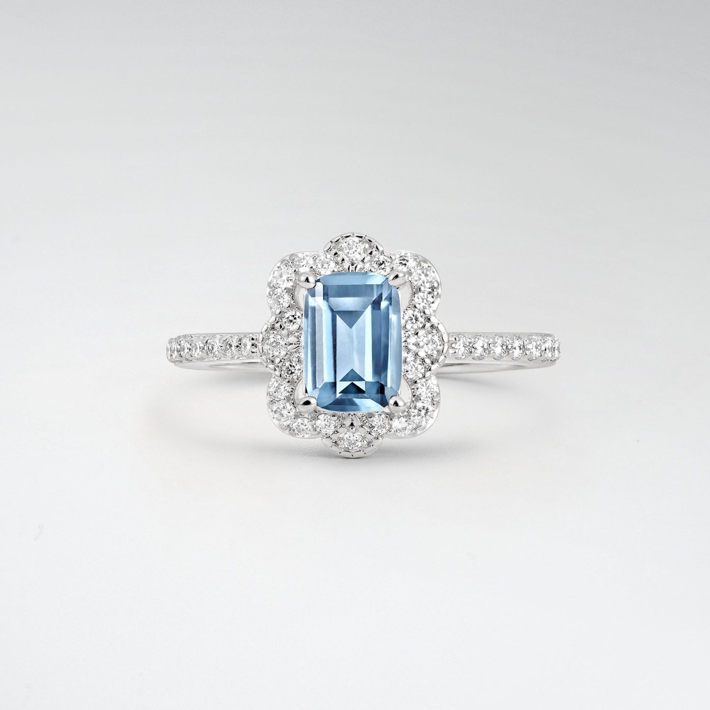 Vintage Emerald Cut Aquamarine 1.5CT Scalloped Floral Halo Engagement Ring - Additional view