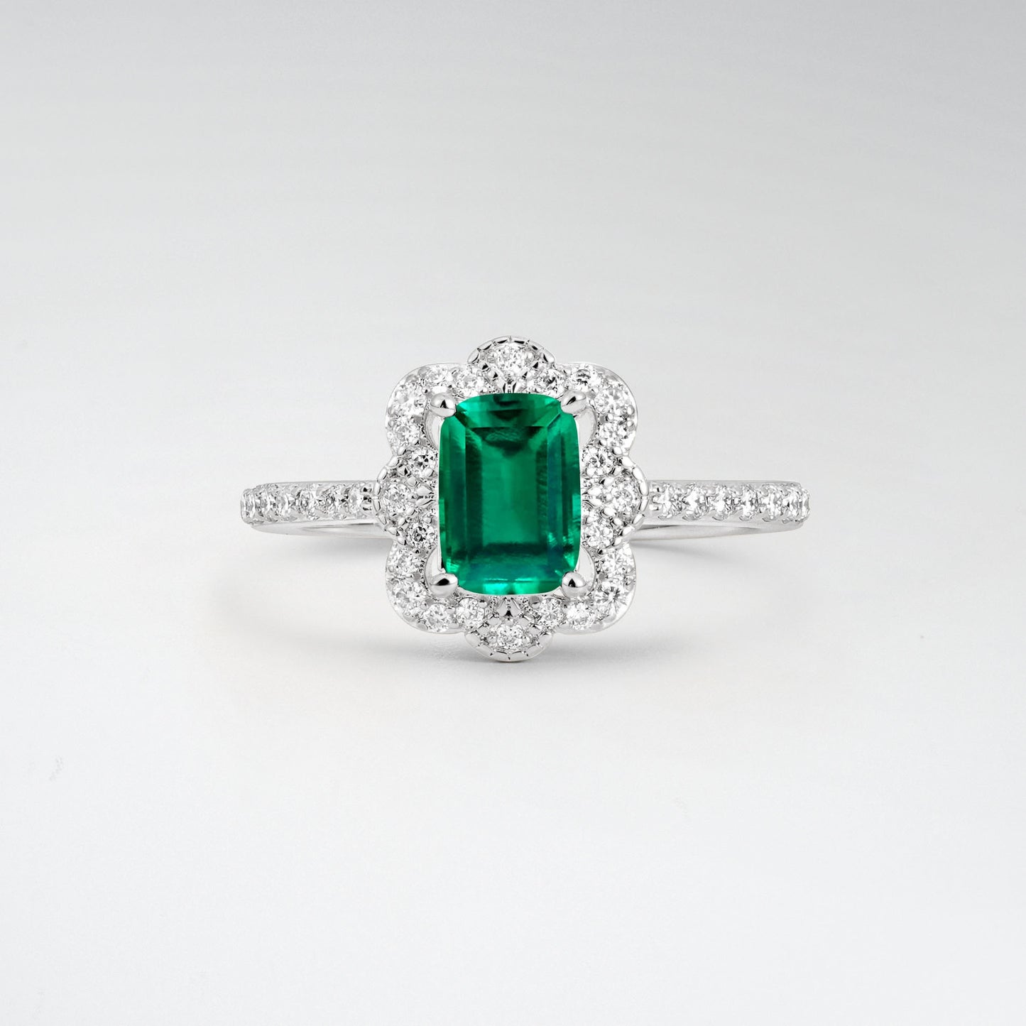 Vintage Emerald Cut Emerald 1.5CT Scalloped Floral Halo Engagement Ring - Additional view