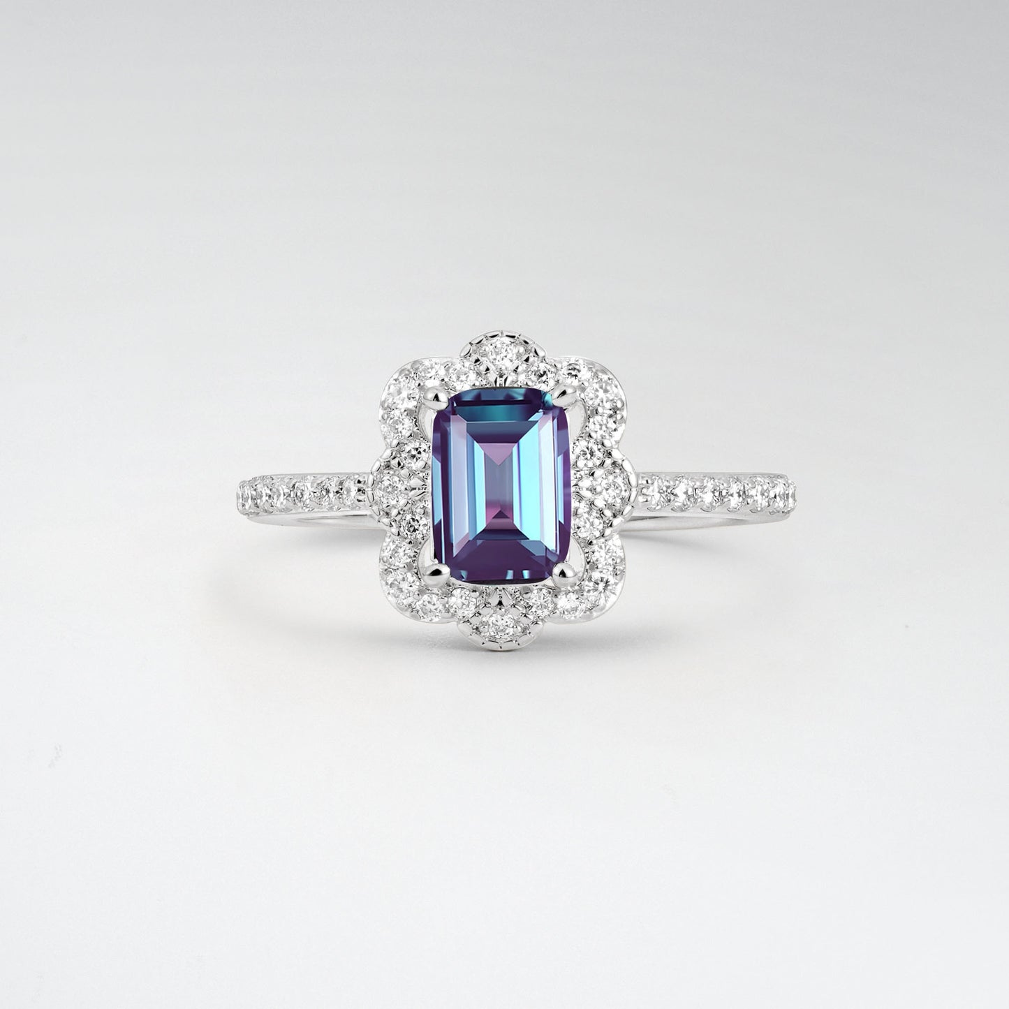 Vintage Emerald Cut Alexandrite 1.5CT Scalloped Floral Halo Engagement Ring - Additional view