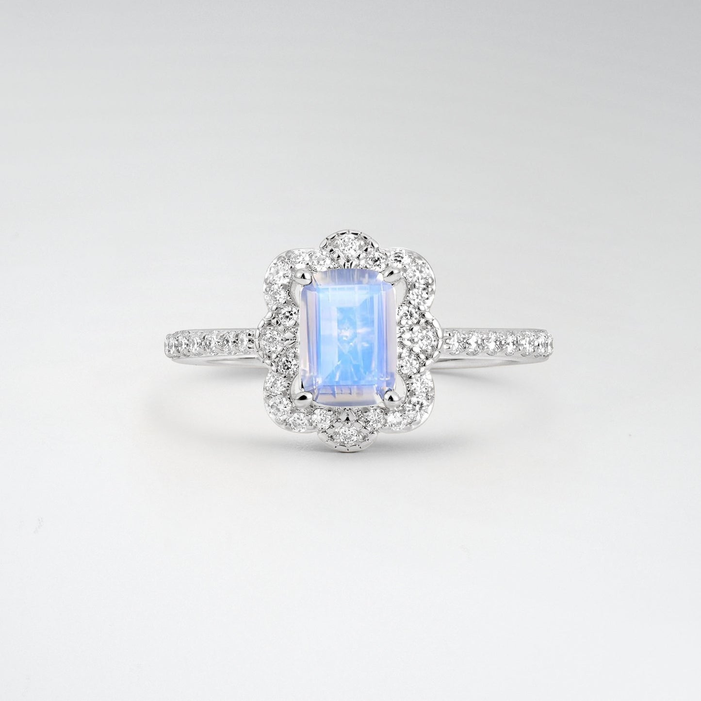 Vintage Emerald Cut Moonstone 1.5CT Scalloped Floral Halo Engagement Ring - Additional view