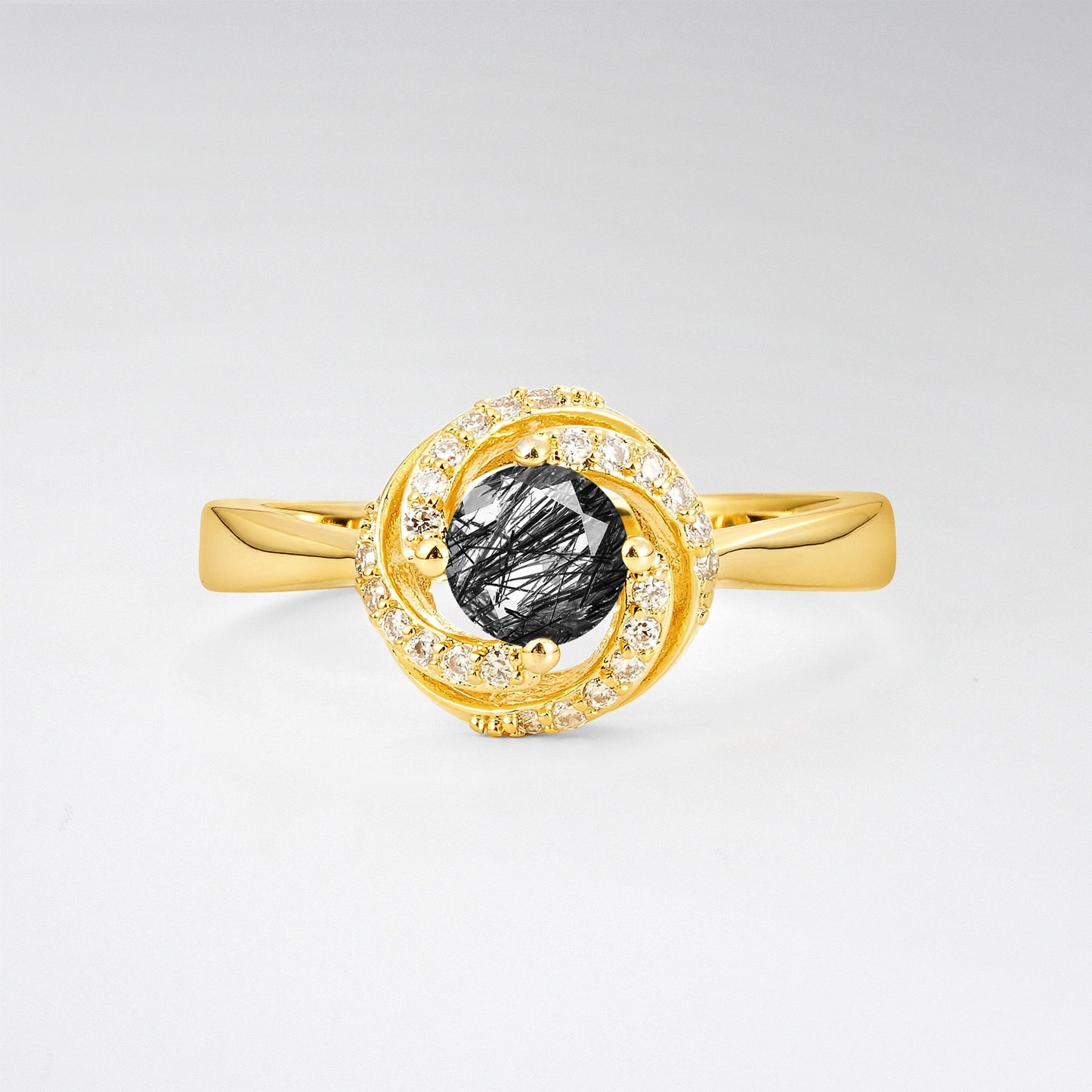 Round Cut Black Rutilated Quartz Spiral Halo Engagement Ring - Additional view