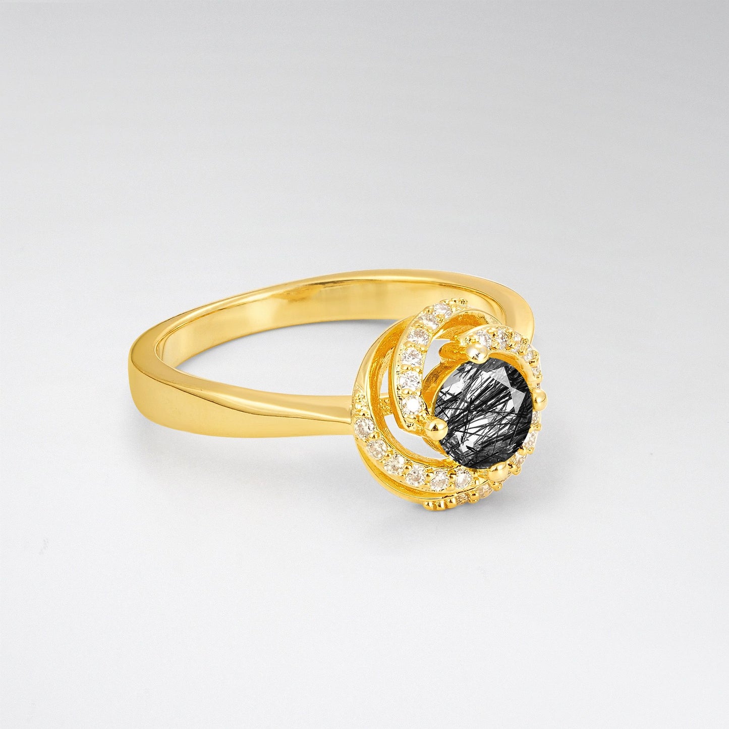 Round Cut Black Rutilated Quartz Spiral Halo Engagement Ring - Additional view