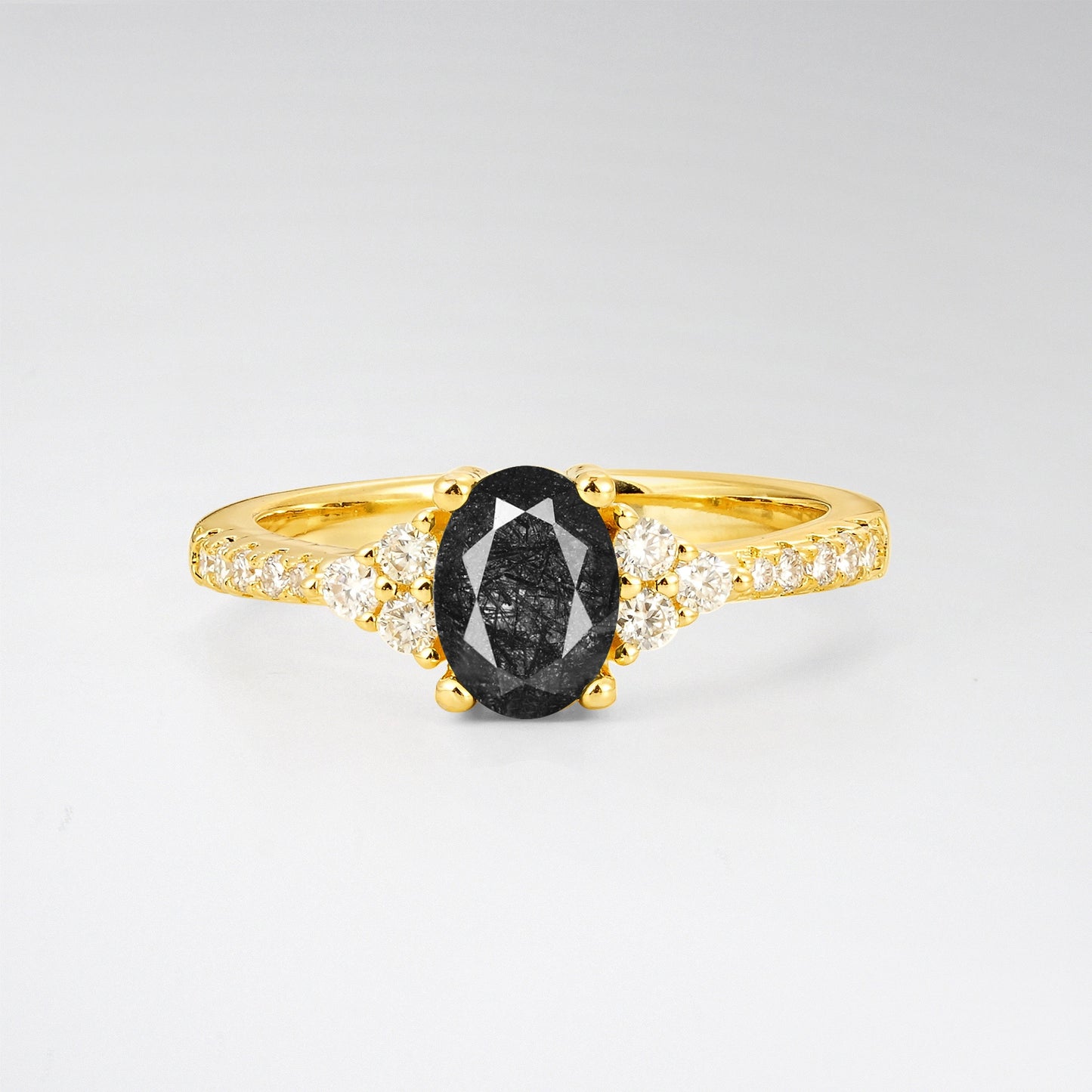 Pave Cluster Oval Cut Black Rutilated Quartz Engagement Ring - Additional view