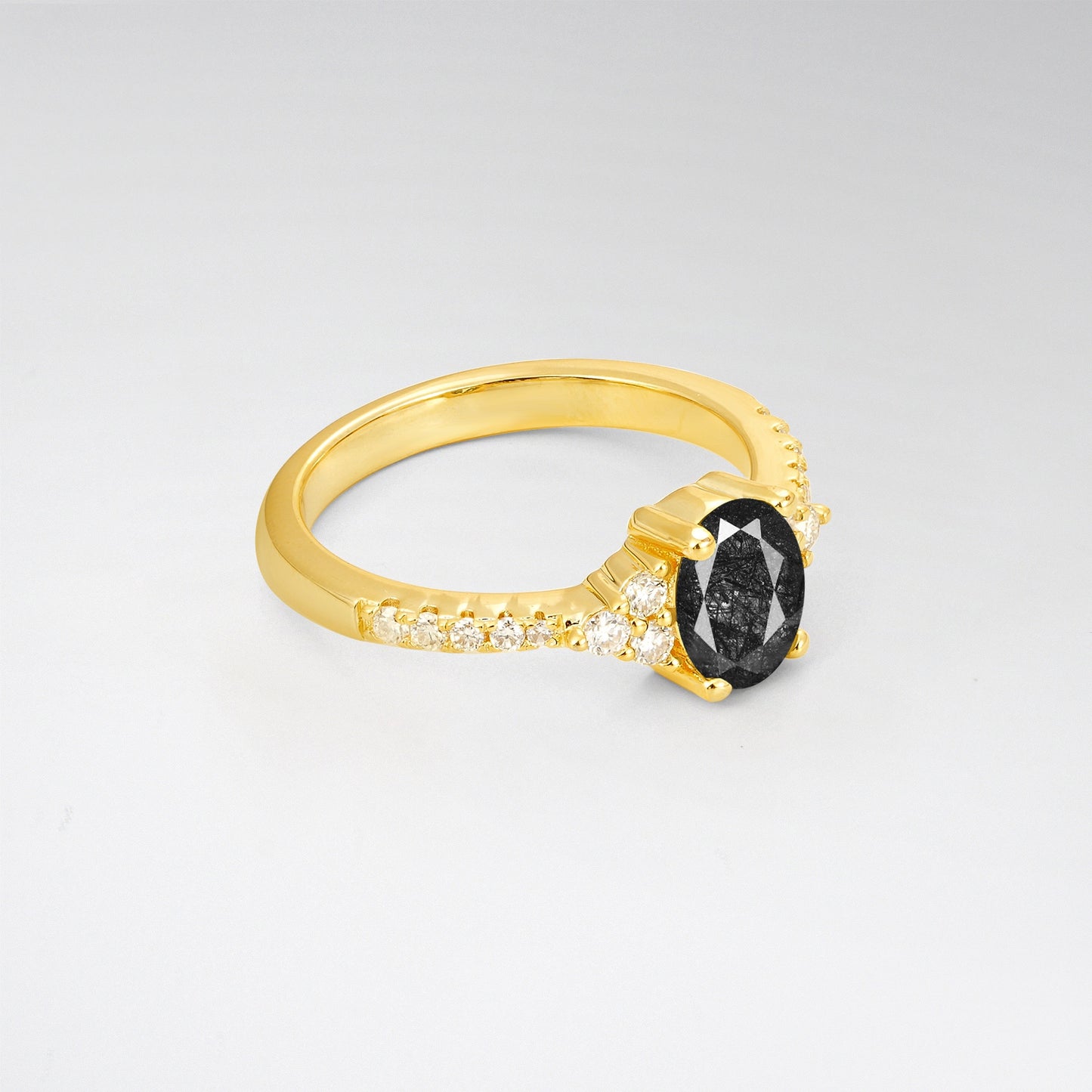 Pave Cluster Oval Cut Black Rutilated Quartz Engagement Ring - Additional view