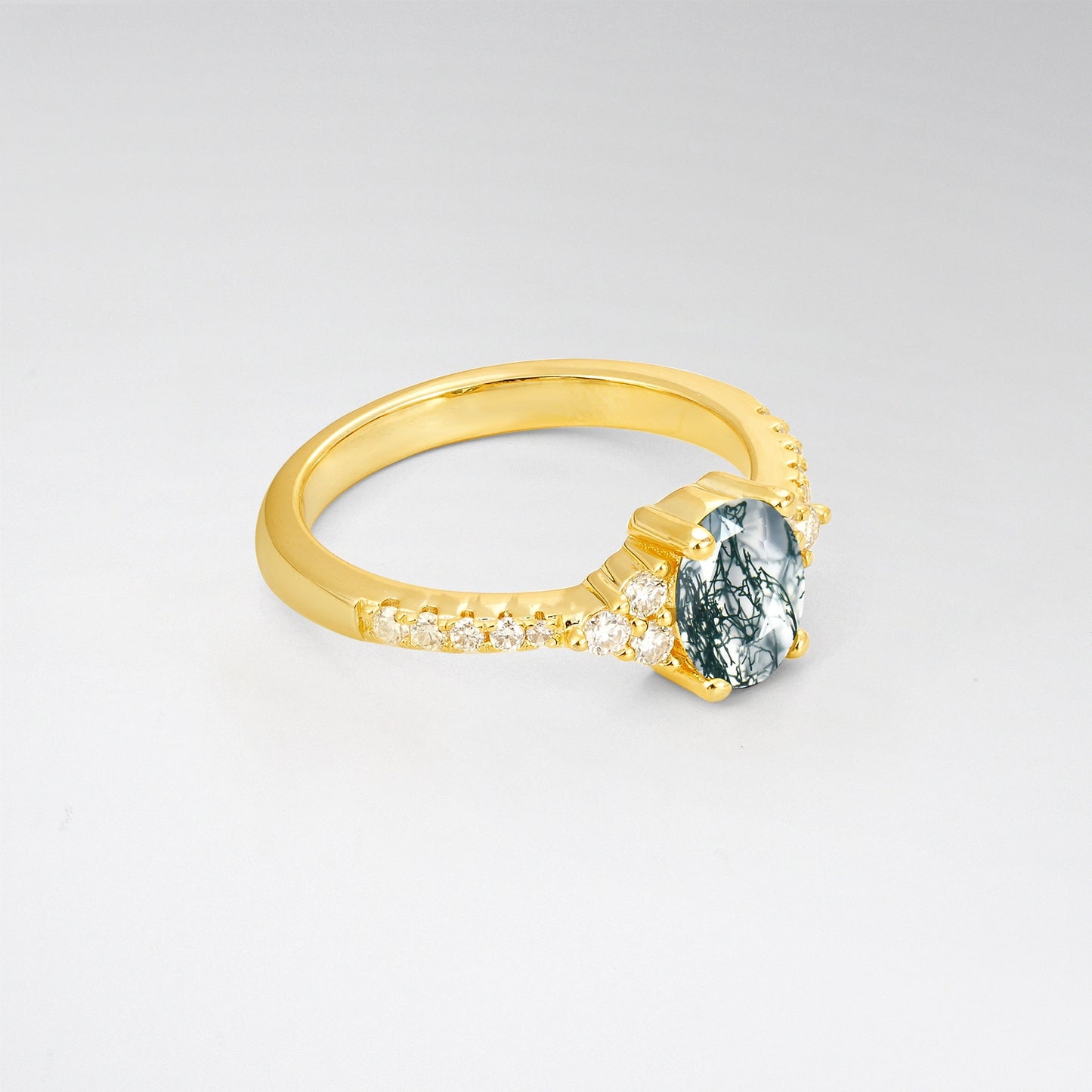 Pave Cluster Oval Cut Moss Agate Engagement Ring - Additional view
