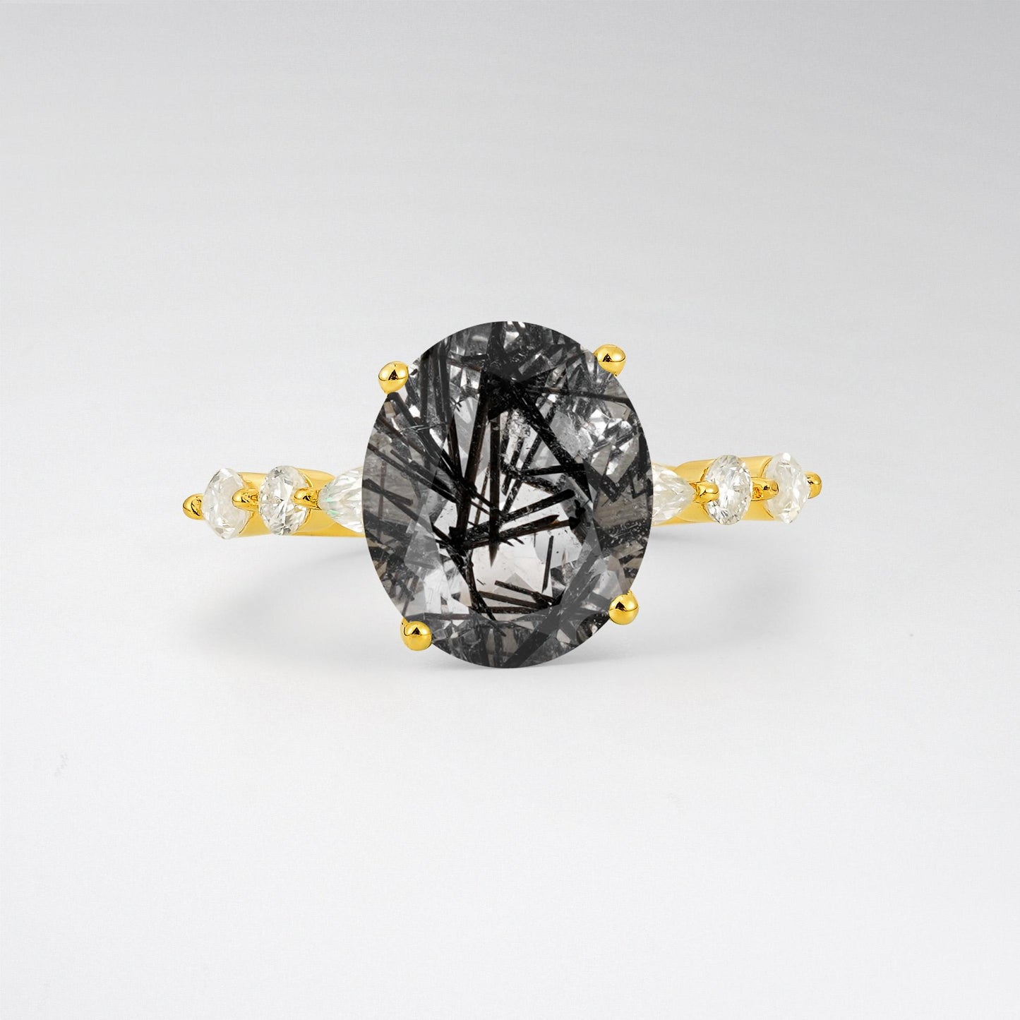 Oval Cut Black Rutilated Quartz Marquise Accent Engagement Ring - Additional view