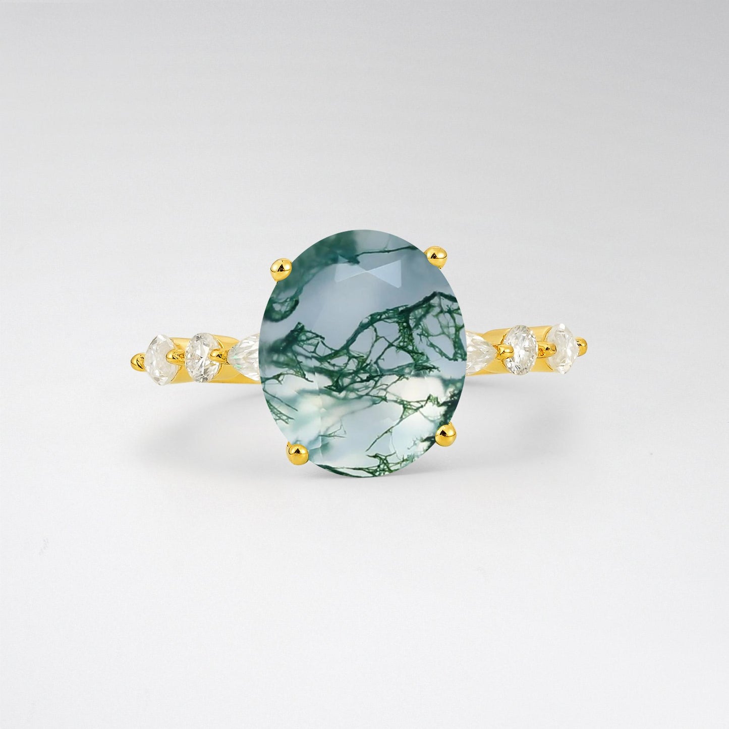 Oval Cut Moss Agate Marquise Accent Engagement Ring - Additional view