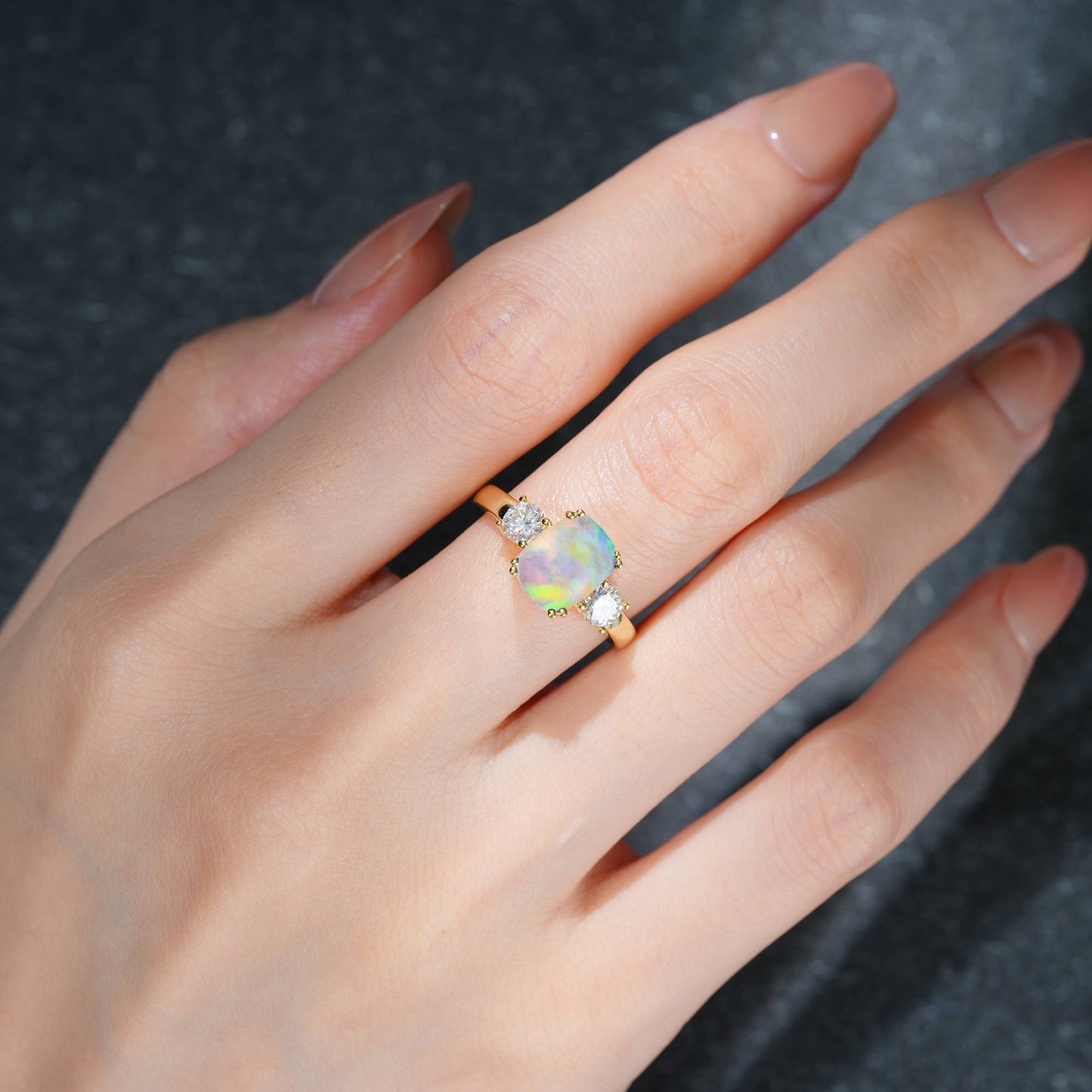 Cushion Cut Opal Three Stone Engagement Ring - Additional view