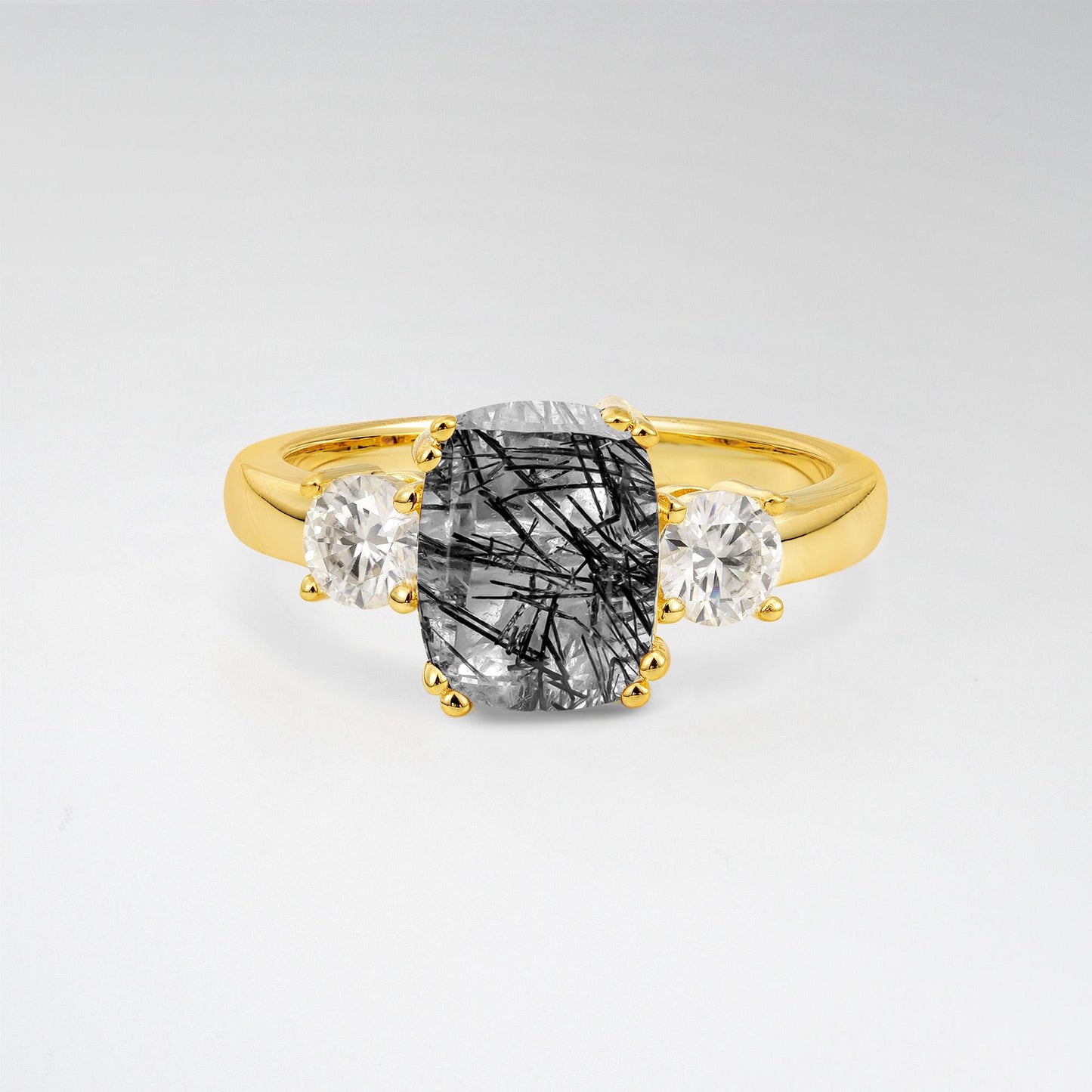 Cushion Cut Black Rutilated Quartz Three Stone Engagement Ring - Additional view