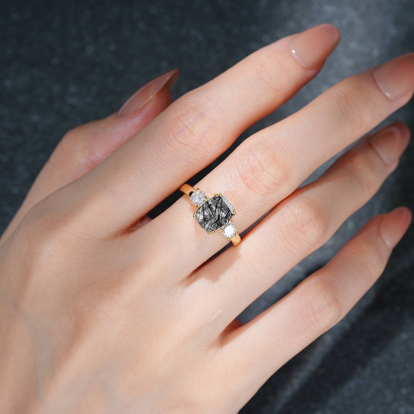 Cushion Cut Black Rutilated Quartz Three Stone Engagement Ring - Additional view