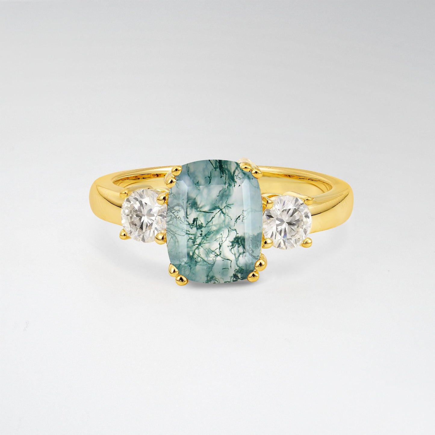 Cushion Cut Moss Agate Three Stone Engagement Ring - Additional view