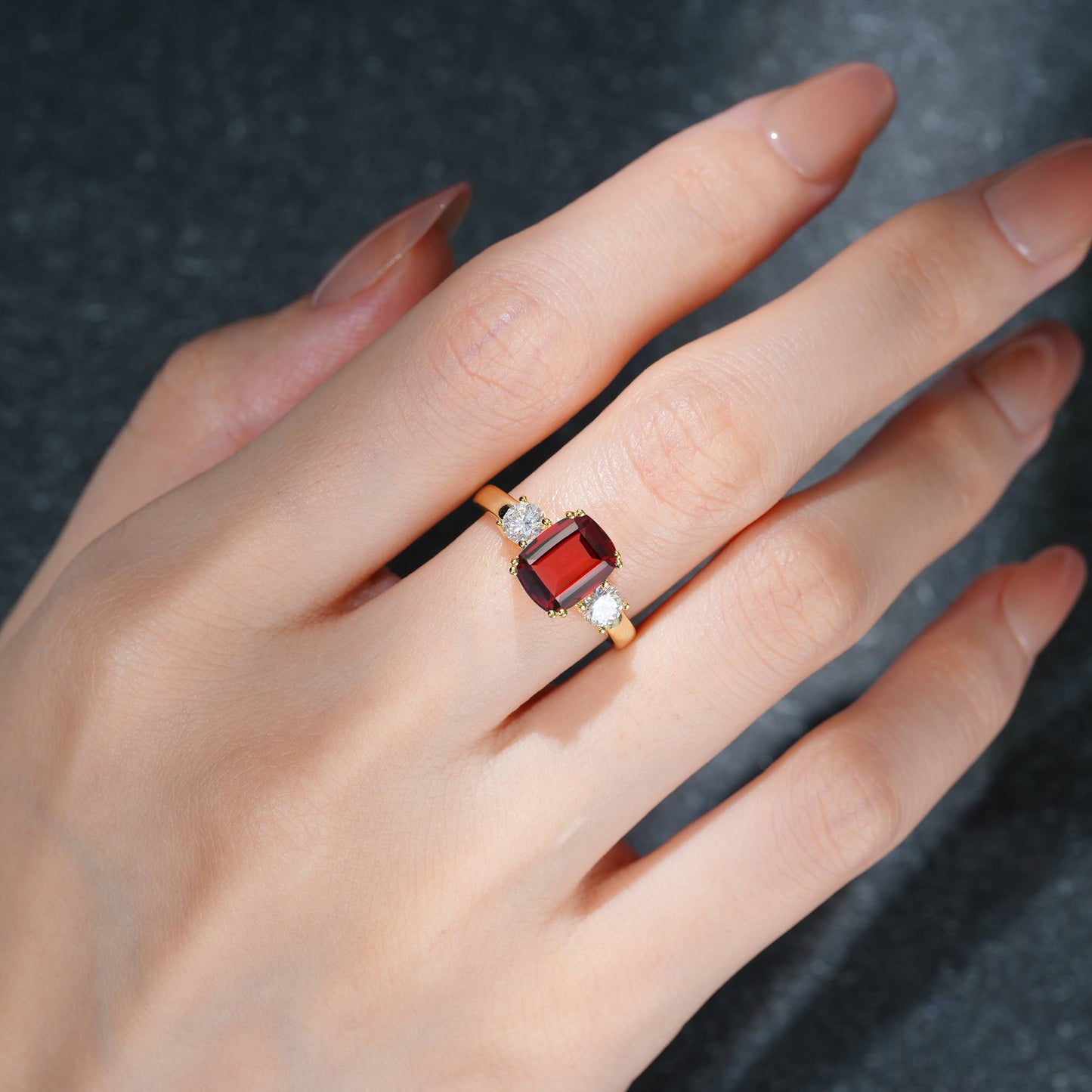 Cushion Cut Garnet Three Stone Engagement Ring - Additional view