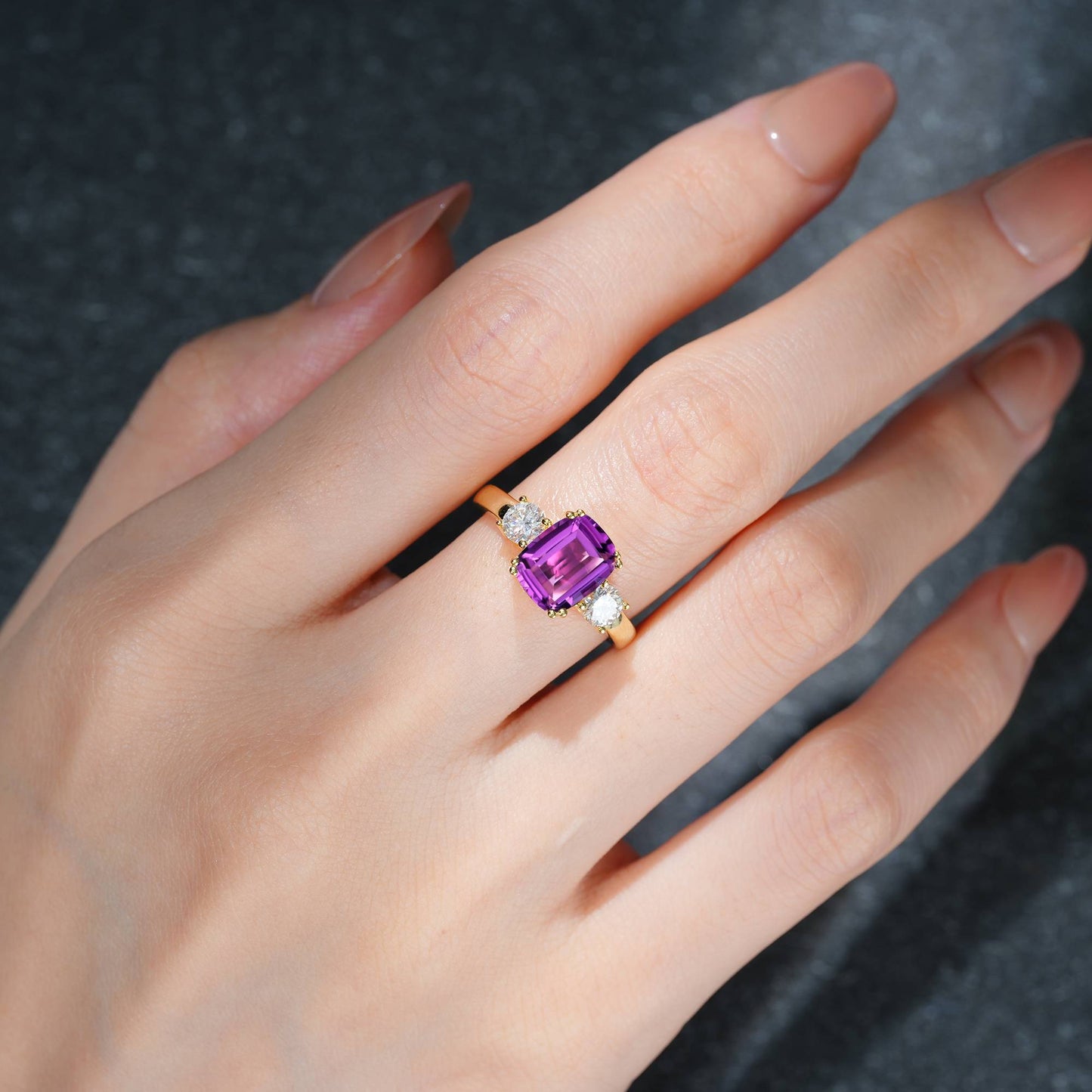 Cushion Cut Amethyst Three Stone Engagement Ring - Additional view
