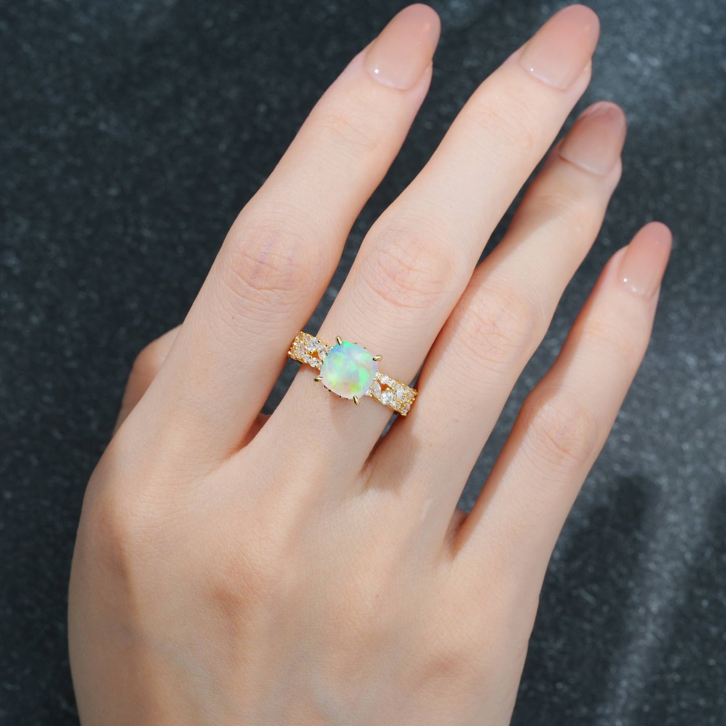 Cushion Cut Opal Cluster Engagement Ring - Additional view