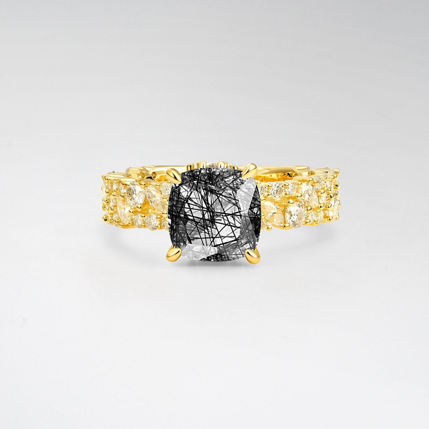 Cushion Cut Black Rutilated Quartz Cluster Engagement Ring - Additional view