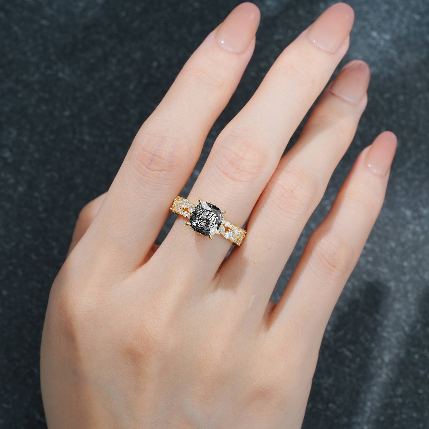 Cushion Cut Black Rutilated Quartz Cluster Engagement Ring - Additional view