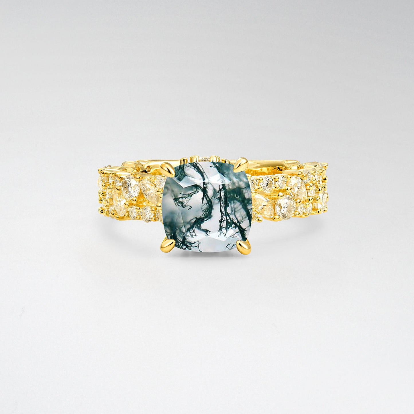 Cushion Cut Moss Agate Cluster Engagement Ring - Additional view