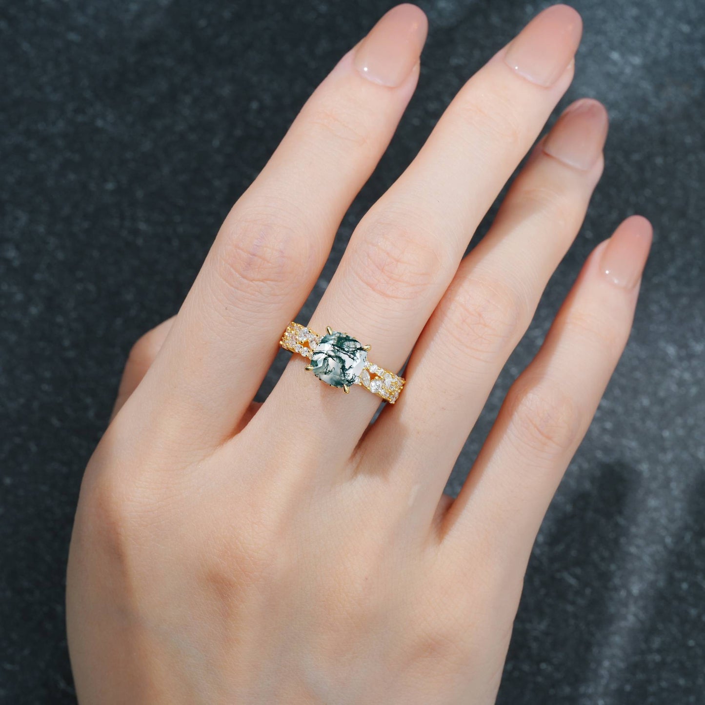 Cushion Cut Moss Agate Cluster Engagement Ring - Additional view