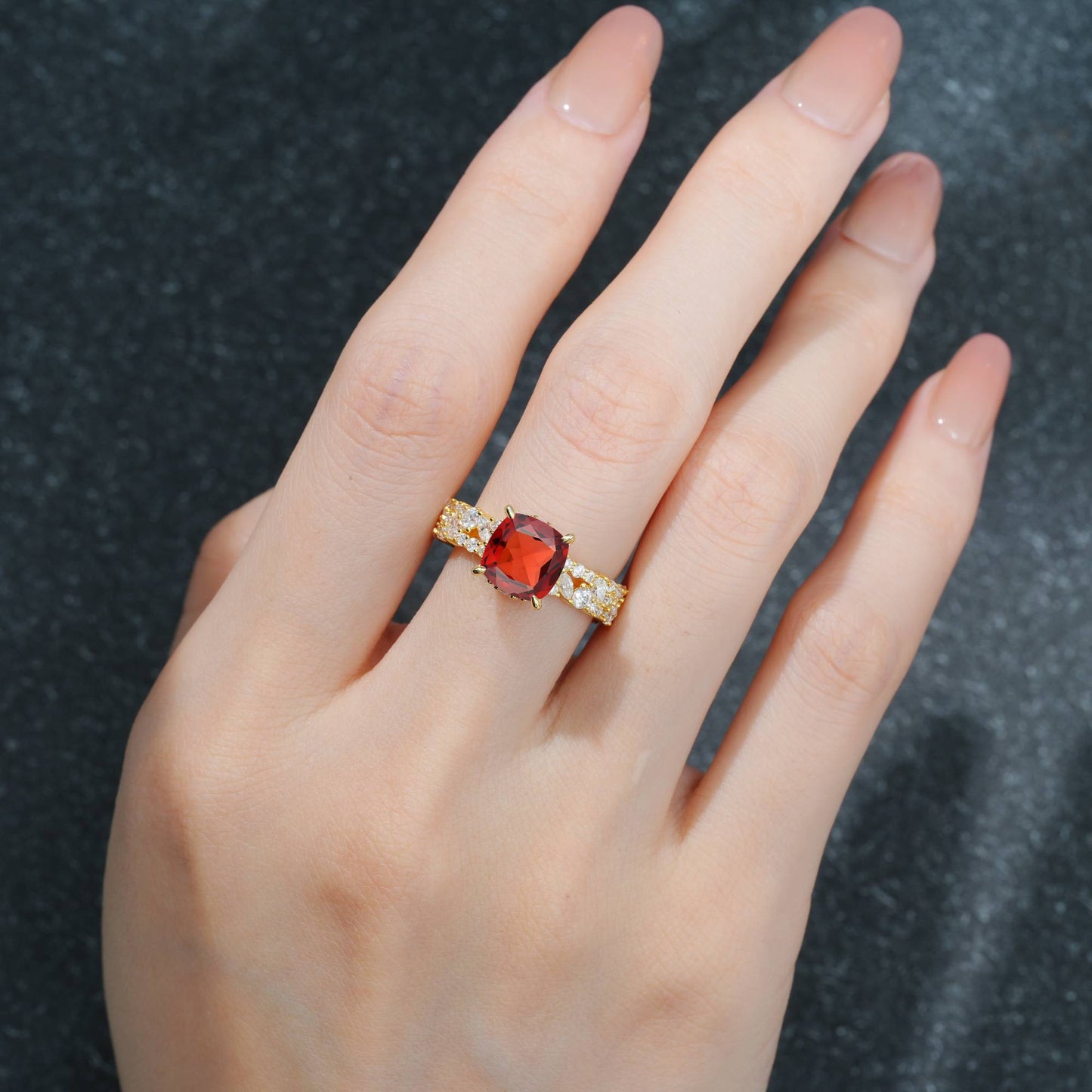 Cushion Cut Garnet Cluster Engagement Ring - Additional view