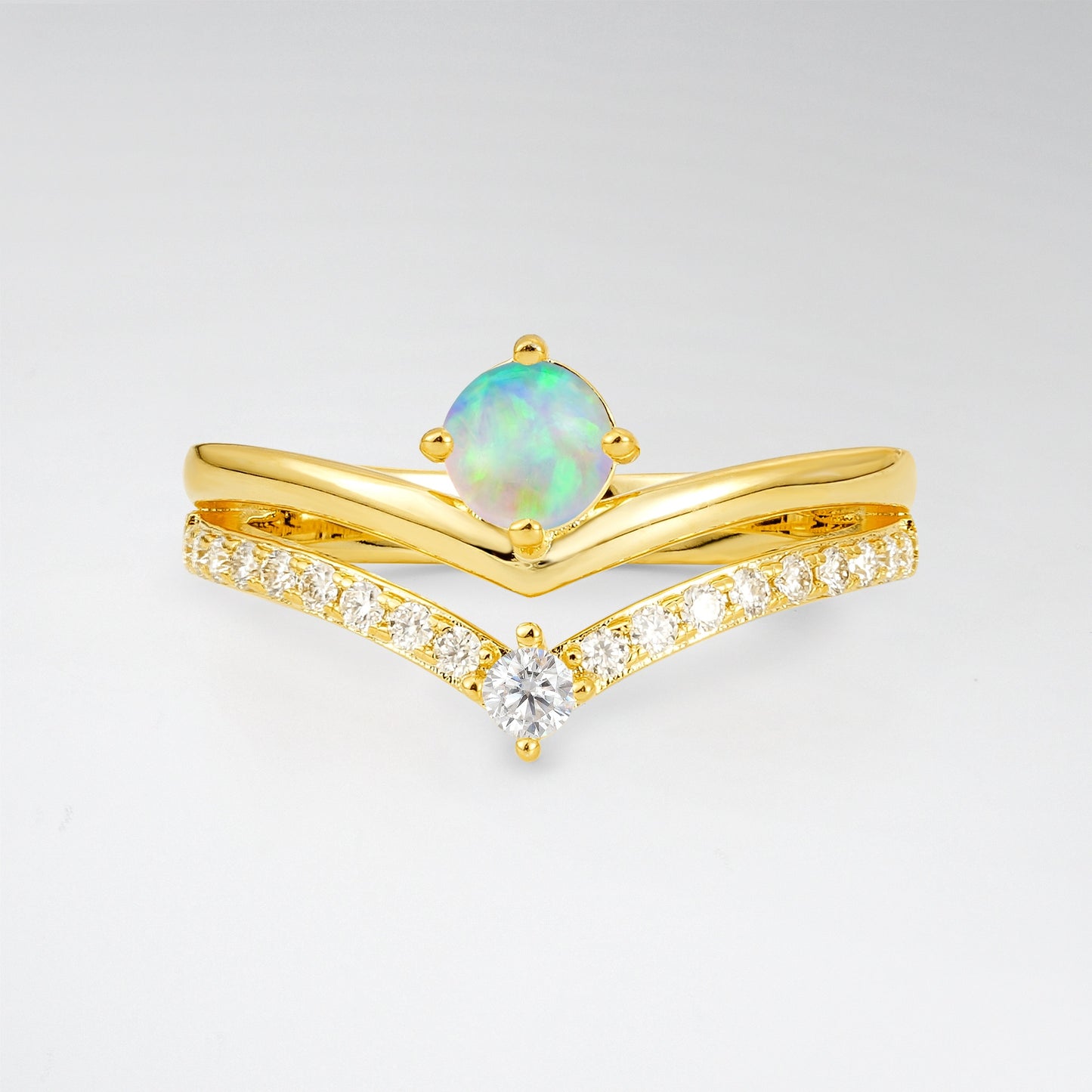 Modern Round Cut Opal V-Shaped Engagement Ring Set - Additional view