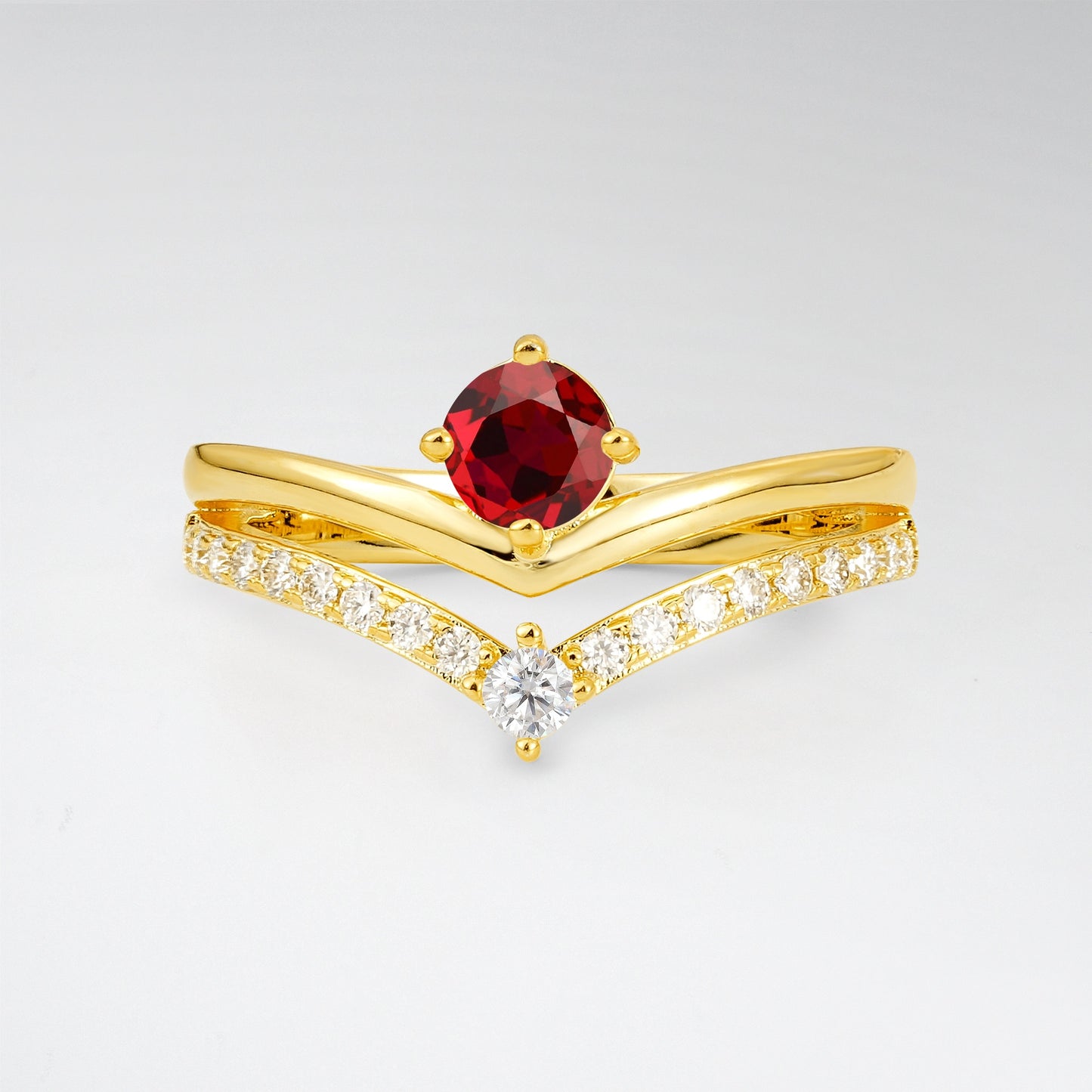 Modern Round Cut Ruby V-Shaped Engagement Ring Set - Additional view